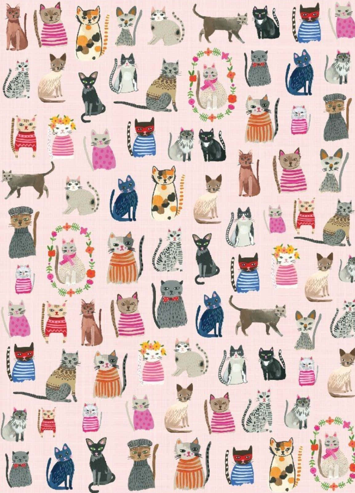 Cute Cat Pattern, pink background, illustrated cats, HD Phone Wallpaper
