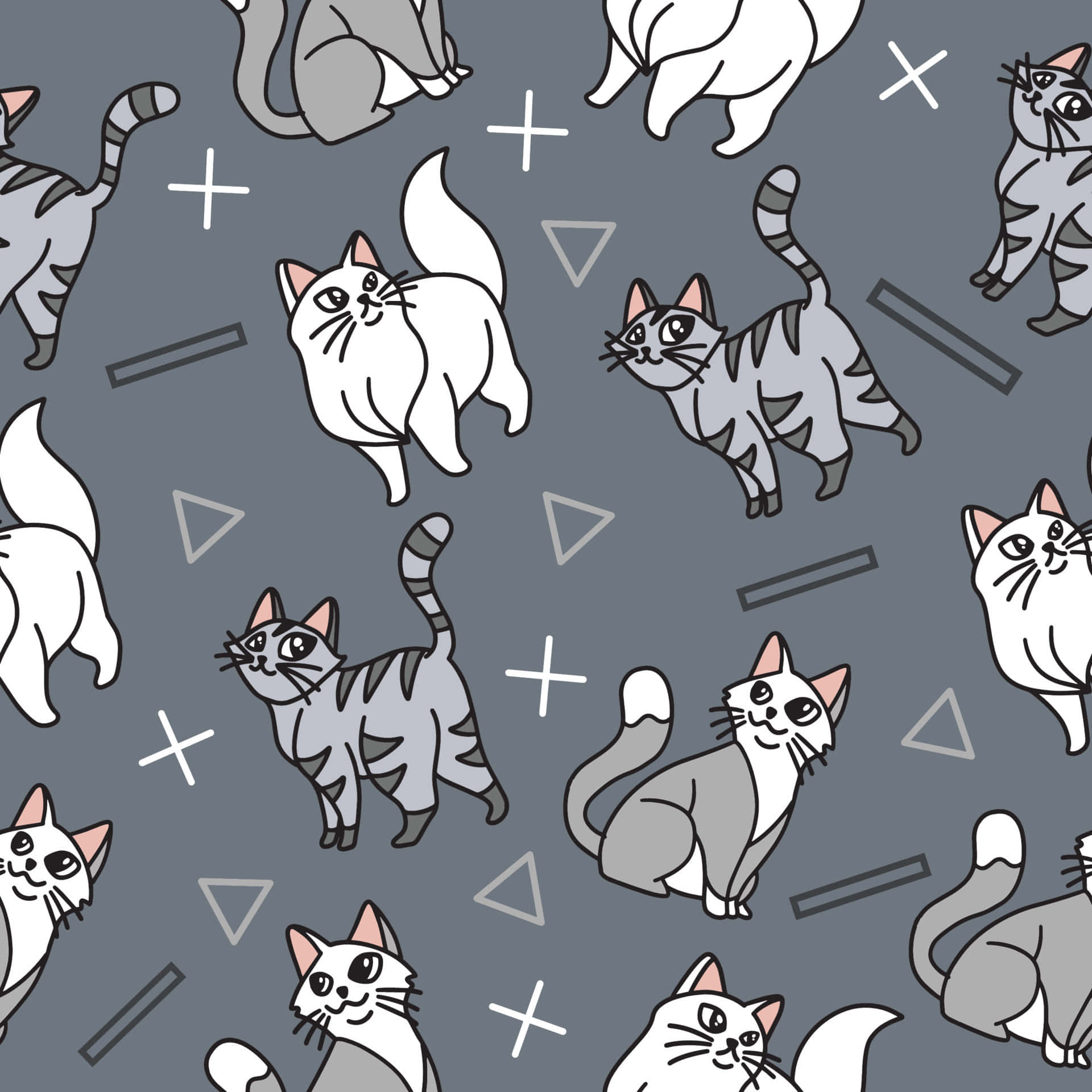 cute cat pattern, gray and white, dark gray background, Full HD Desktop Wallpaper