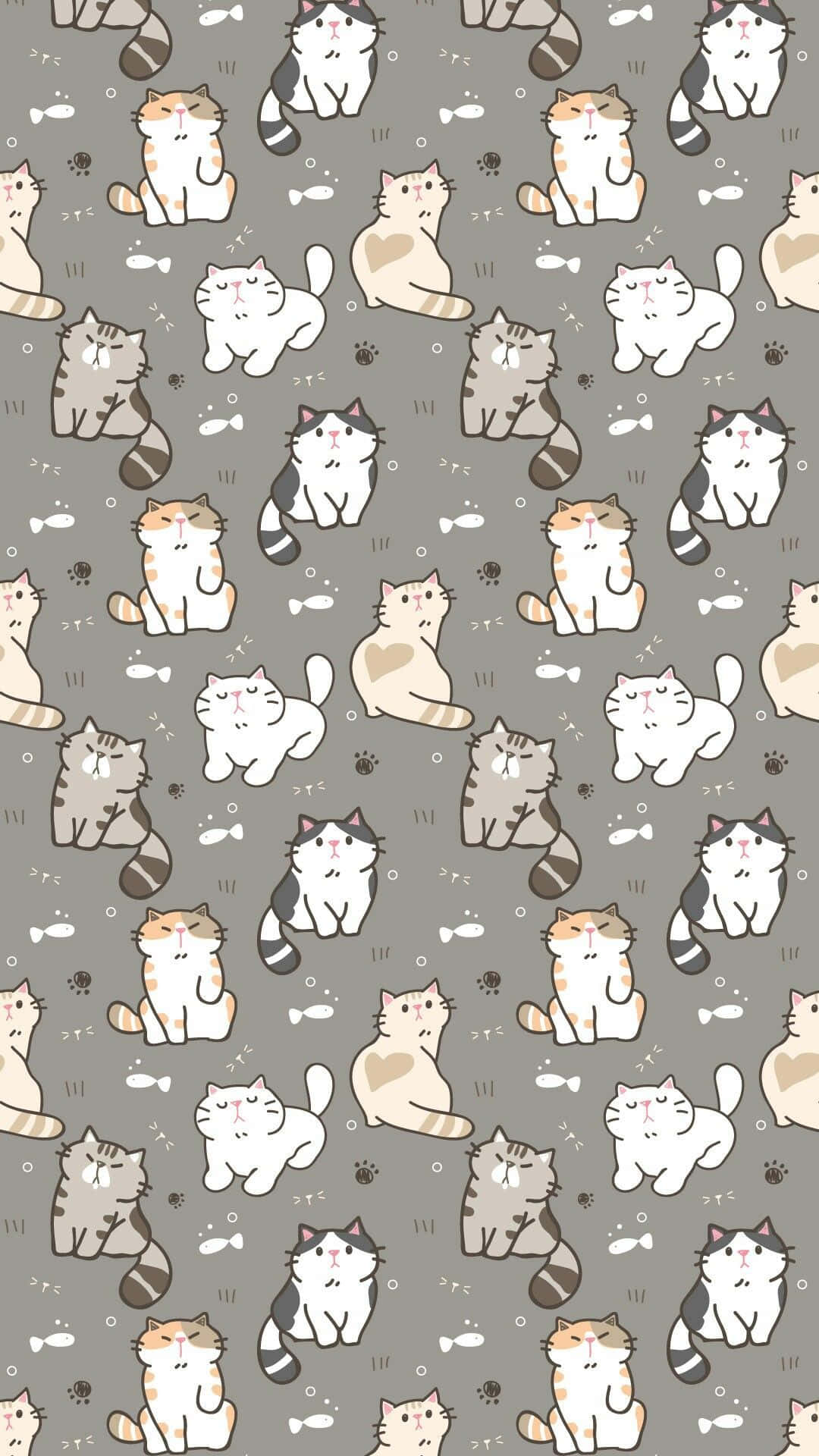 cute cat pattern, cartoon cats, gray background, Full HD Phone Wallpaper
