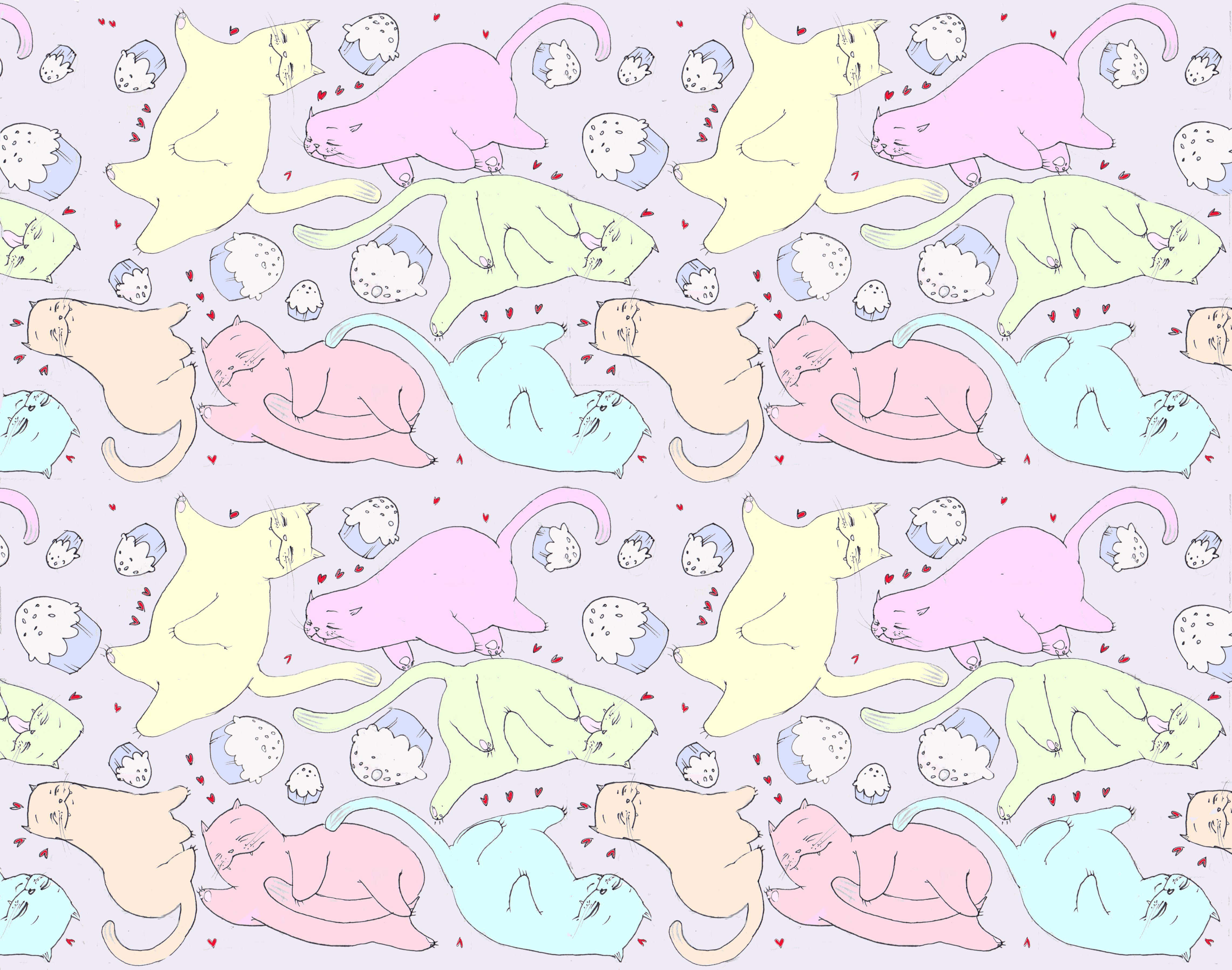 cute cat pattern, pastel-colored cartoon cats, light purple background, 4K Desktop Wallpaper