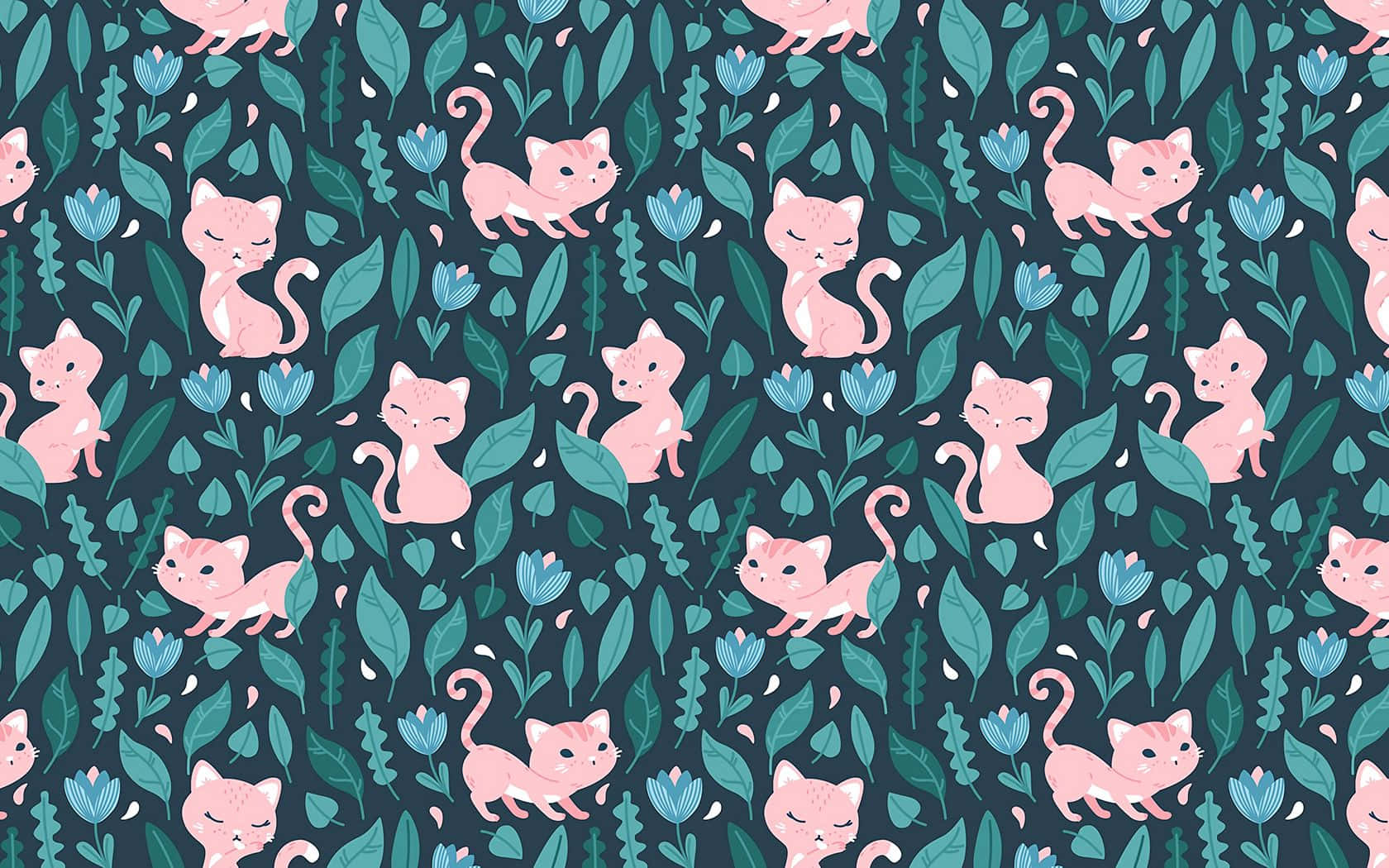 cute cat pattern, pink cartoon cats, teal leaves, HD Desktop Wallpaper