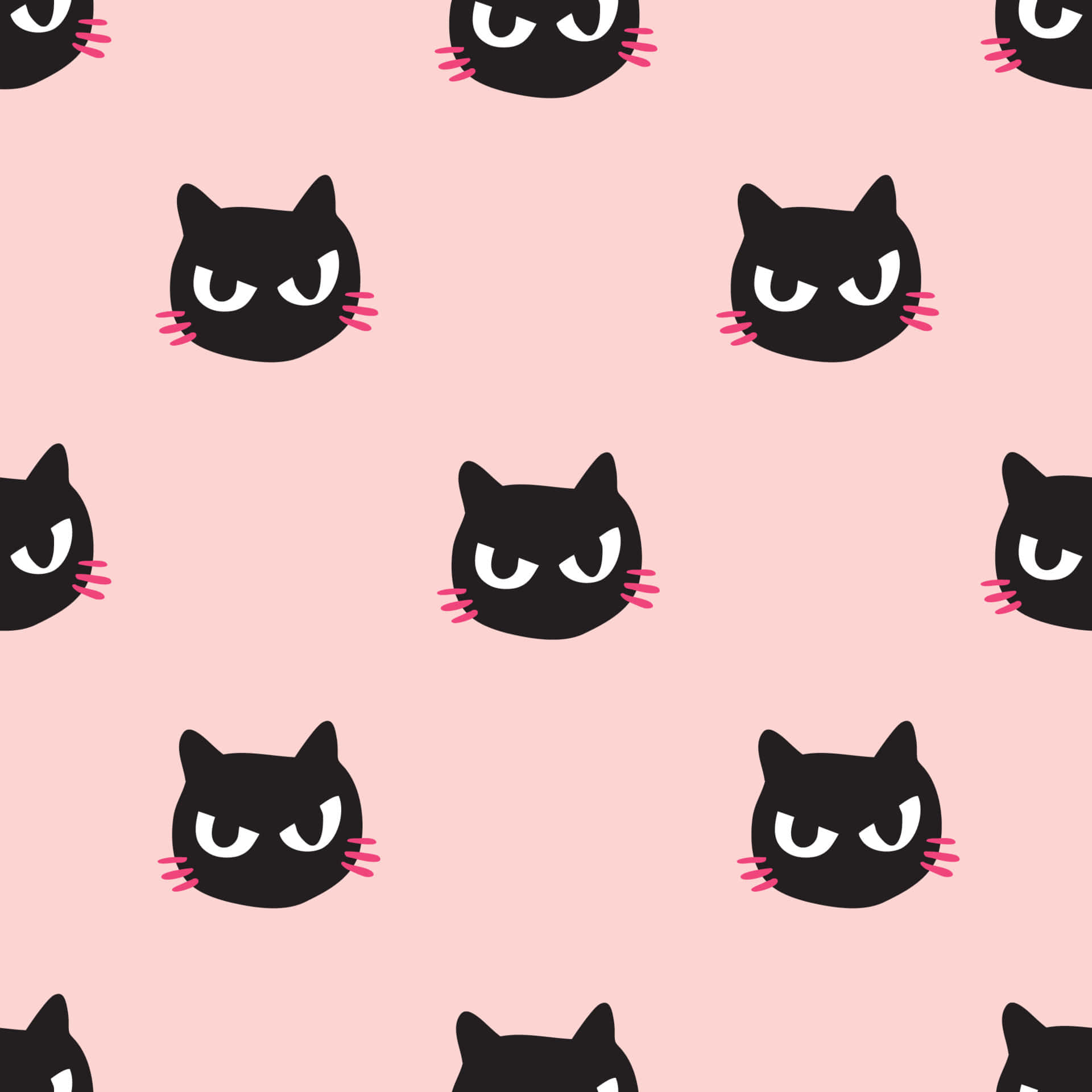 cute cat pattern, black cat faces, pink whiskers, Full HD Desktop Wallpaper