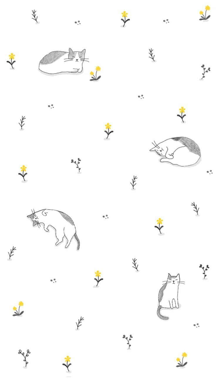 cute cat pattern, yellow flowers, sleeping cats, HD Phone Wallpaper