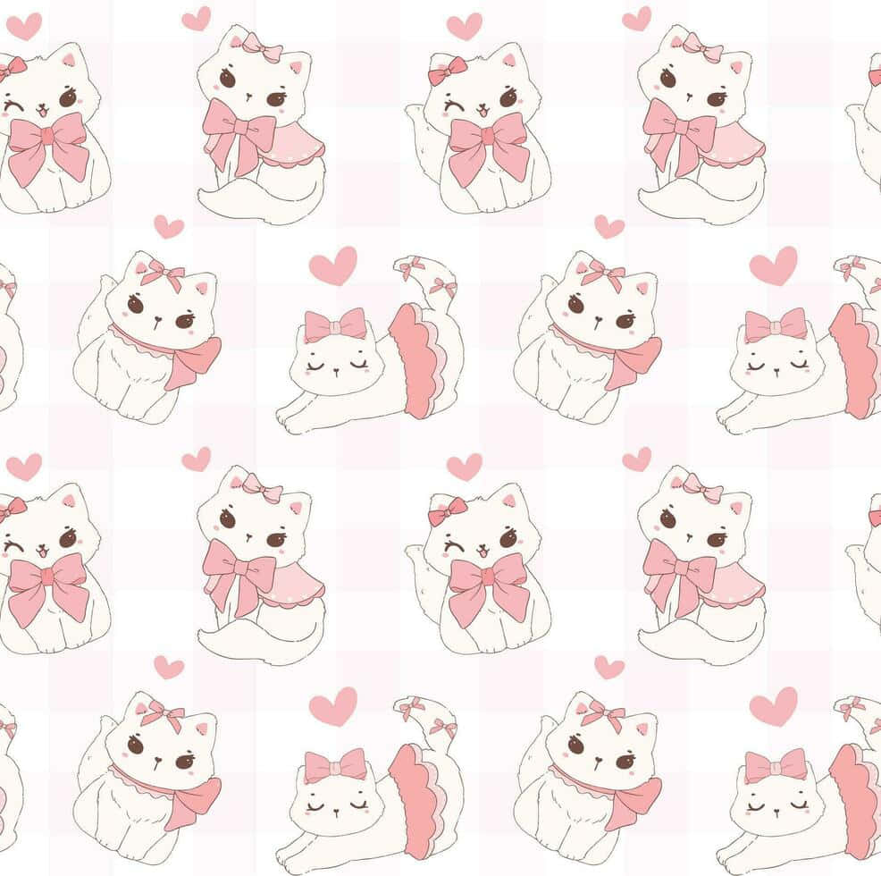 pink bow, white cartoon cats, hearts, SD Desktop Wallpaper