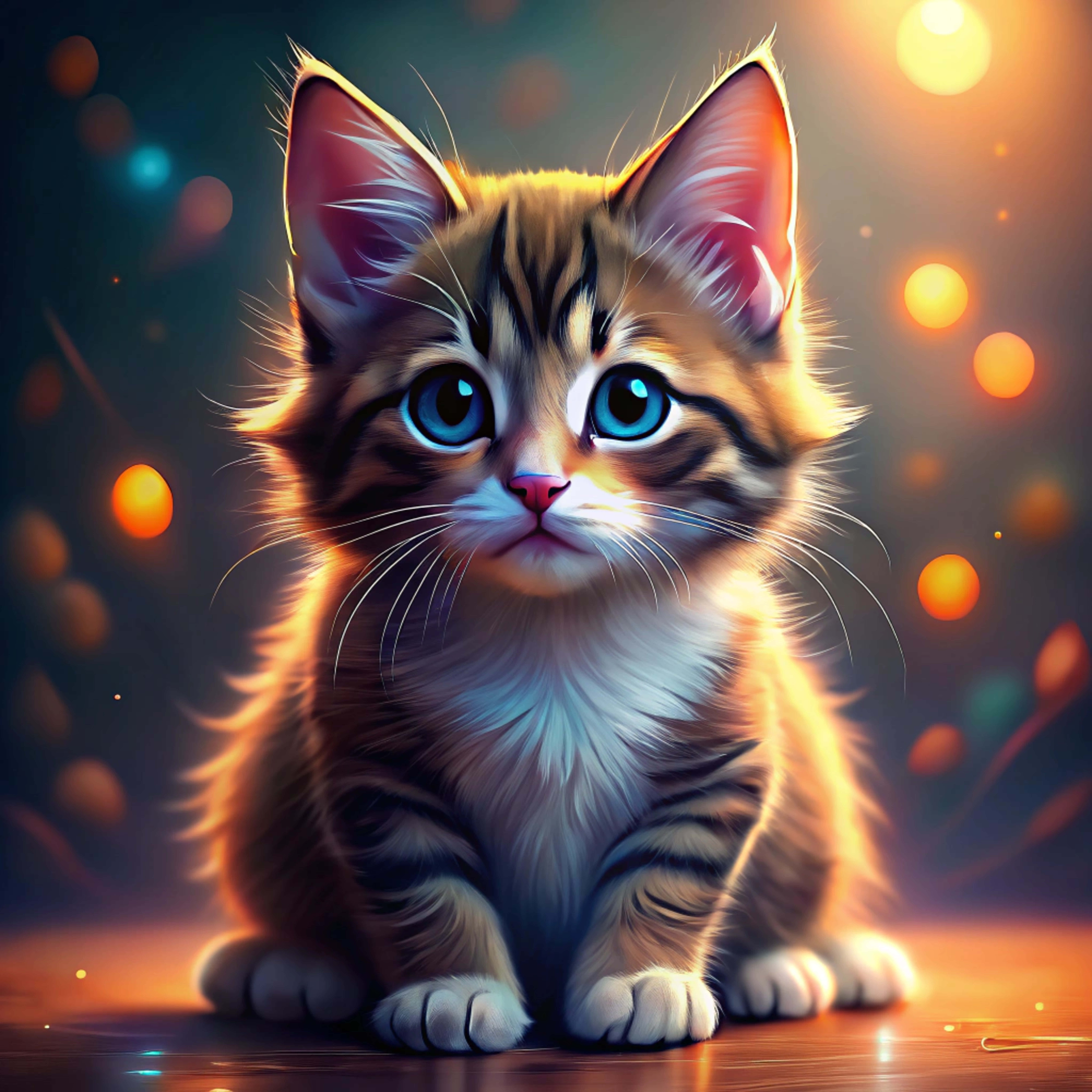 fluffy tabby kitten, striking blue eyes, warm golden light, 8K Desktop Wallpaper