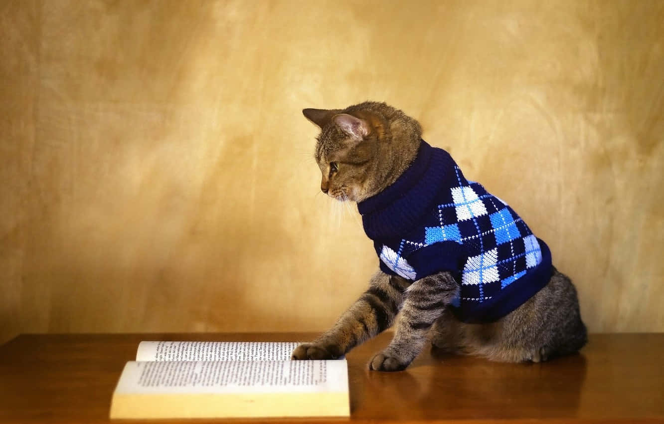 tabby cat, blue argyle sweater, wooden table, HD Desktop Wallpaper