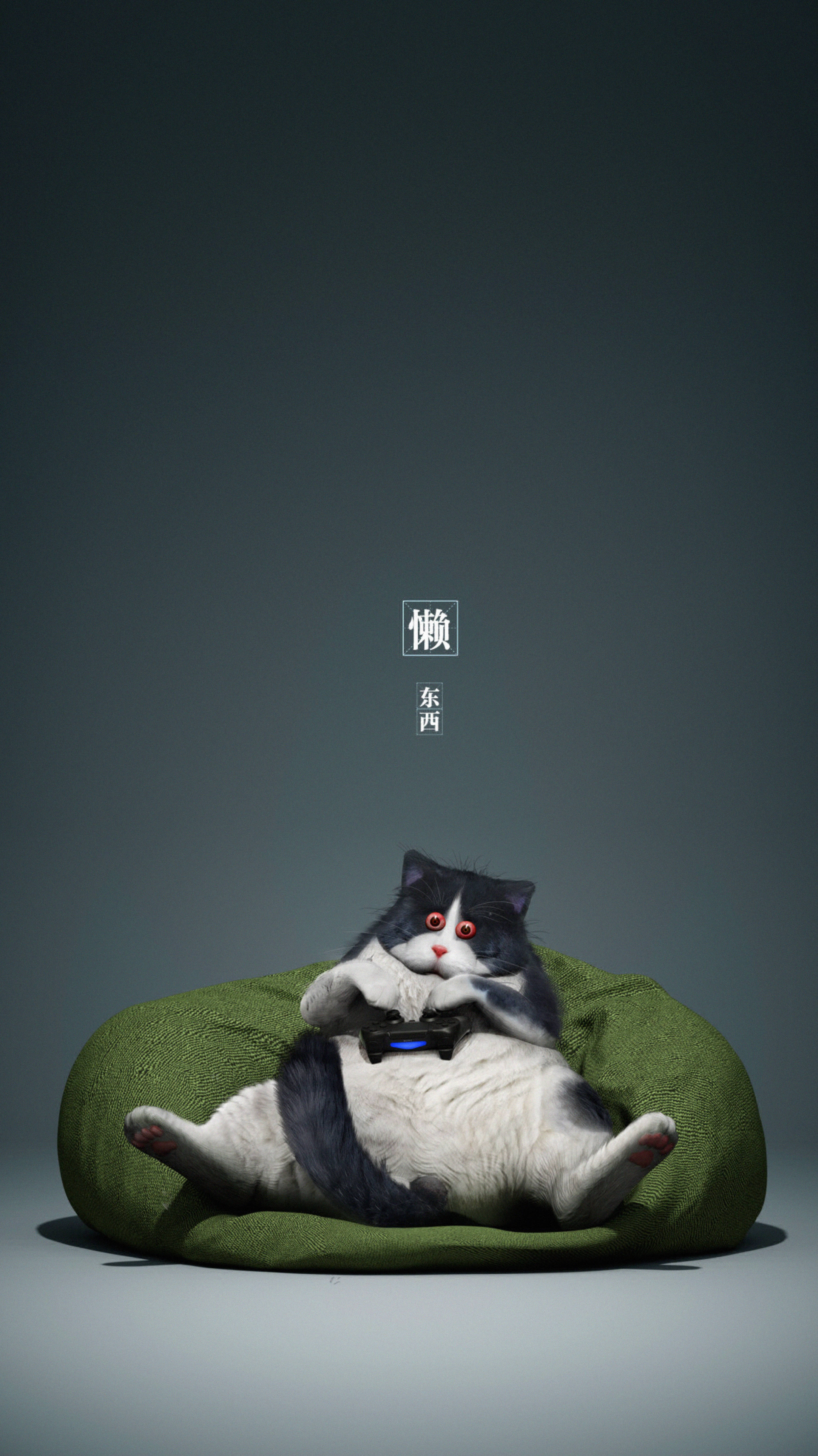 fluffy black and white cat, green bean bag, game controller, 5K Phone Wallpaper