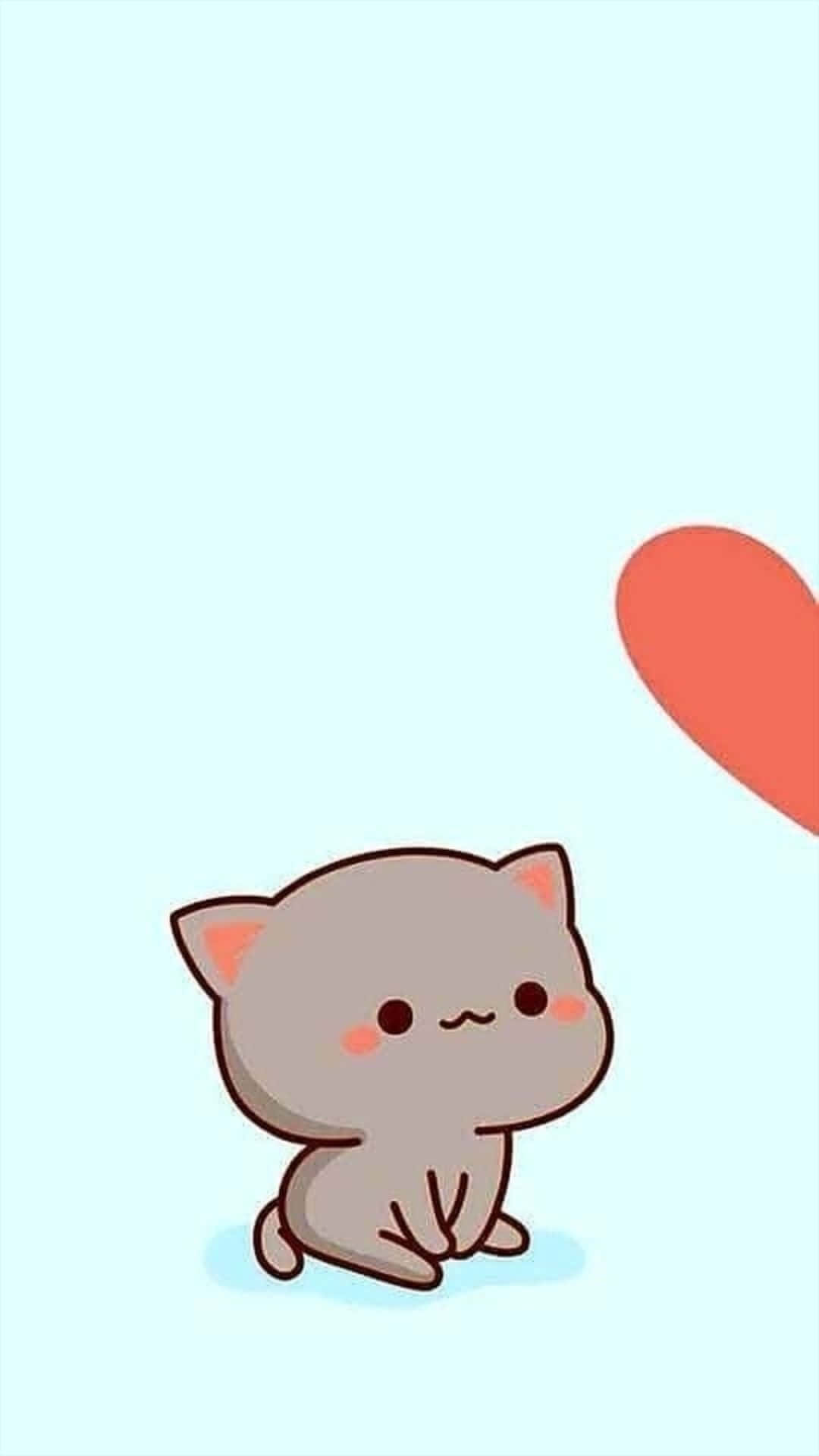 gray cartoon cat, rosy cheeks, floating red heart, Full HD Phone Wallpaper