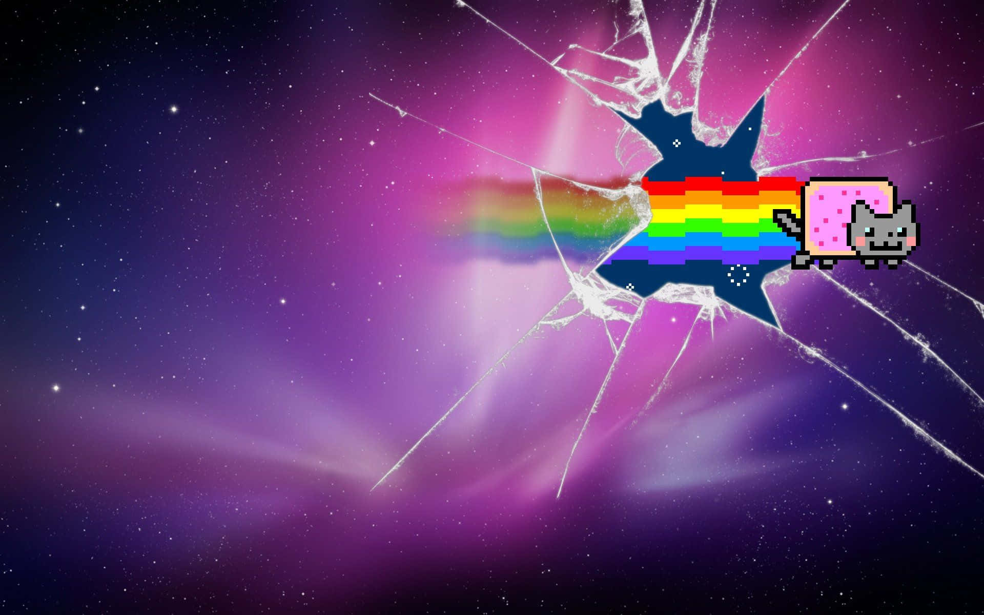 Galaxy Cat, rainbow trail, cracked glass effect, Full HD Desktop Wallpaper