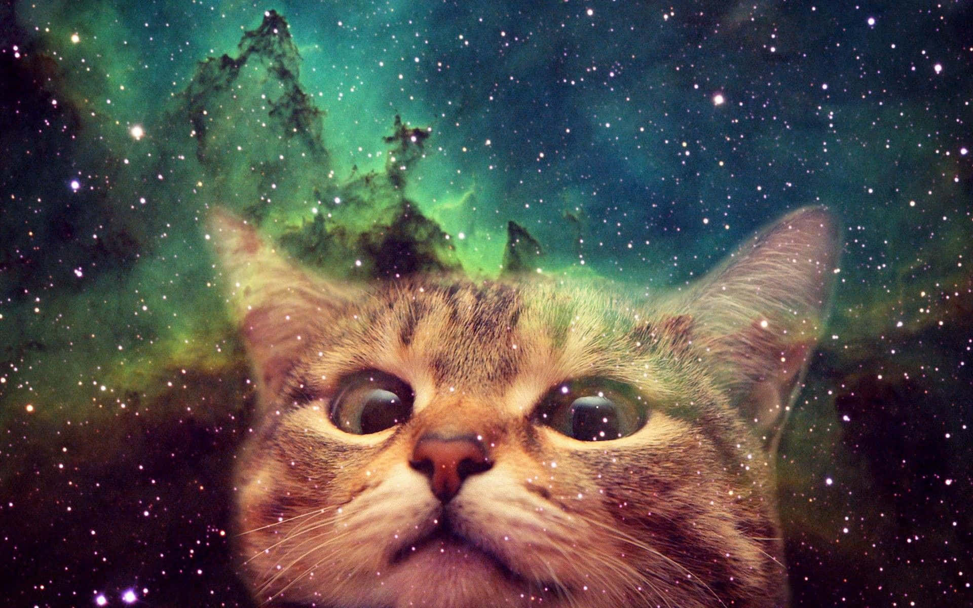 galaxy cat, tabby cat, vibrant green nebula, Full HD Desktop Wallpaper