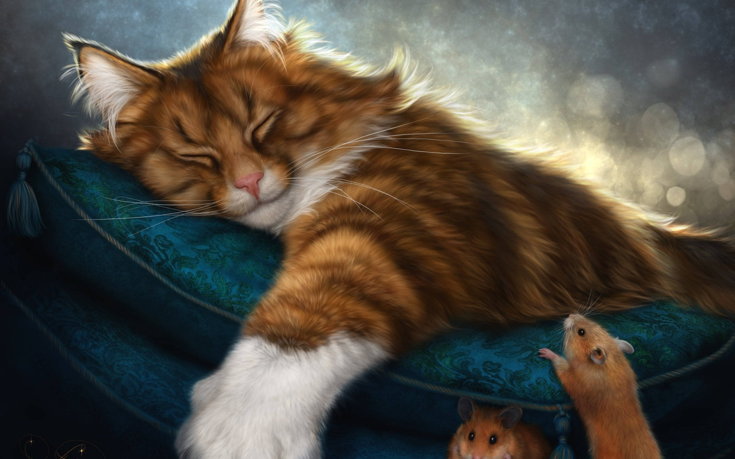 fluffy ginger cat, teal cushion, two small hamsters, 2K Desktop Wallpaper