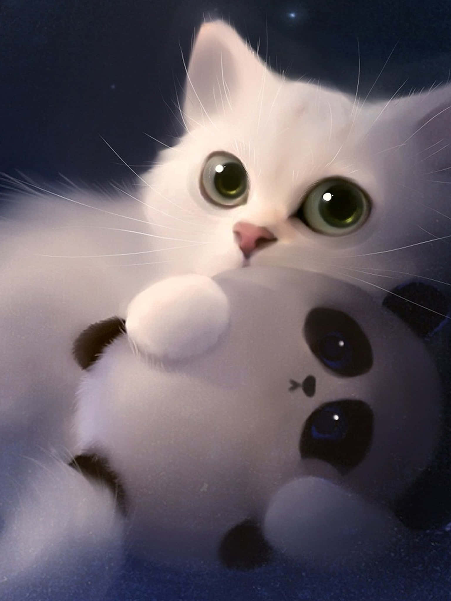 Cute White 3D Cat, fluffy white kitten, huge green eyes, Full HD Phone Wallpaper