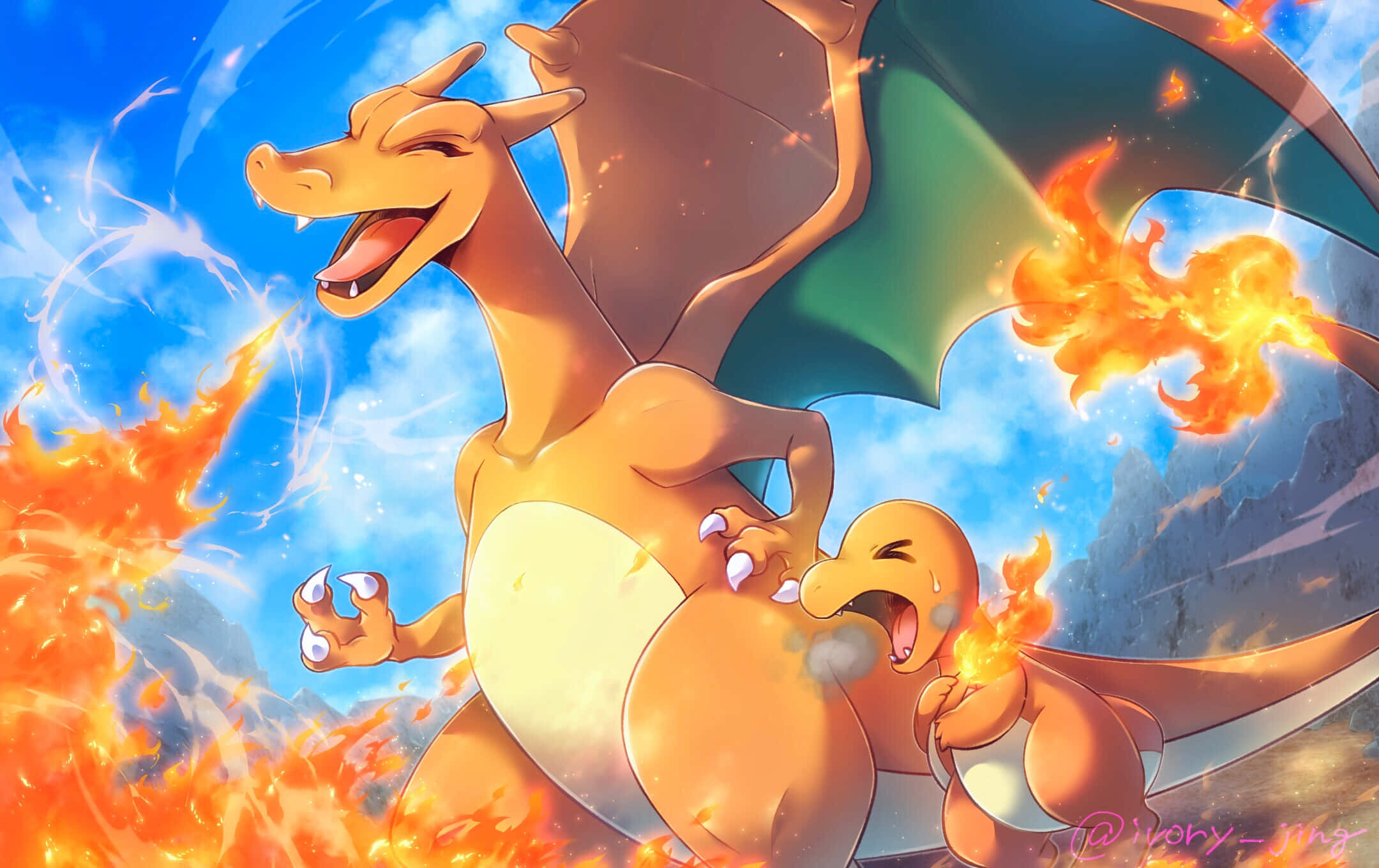 Cute Charmander, Charmander, bright blue sky, Full HD Desktop Wallpaper