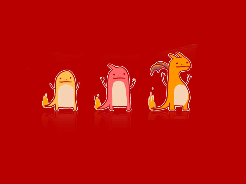 cute charmander, flames on tails, solid red background, SD Desktop Wallpaper