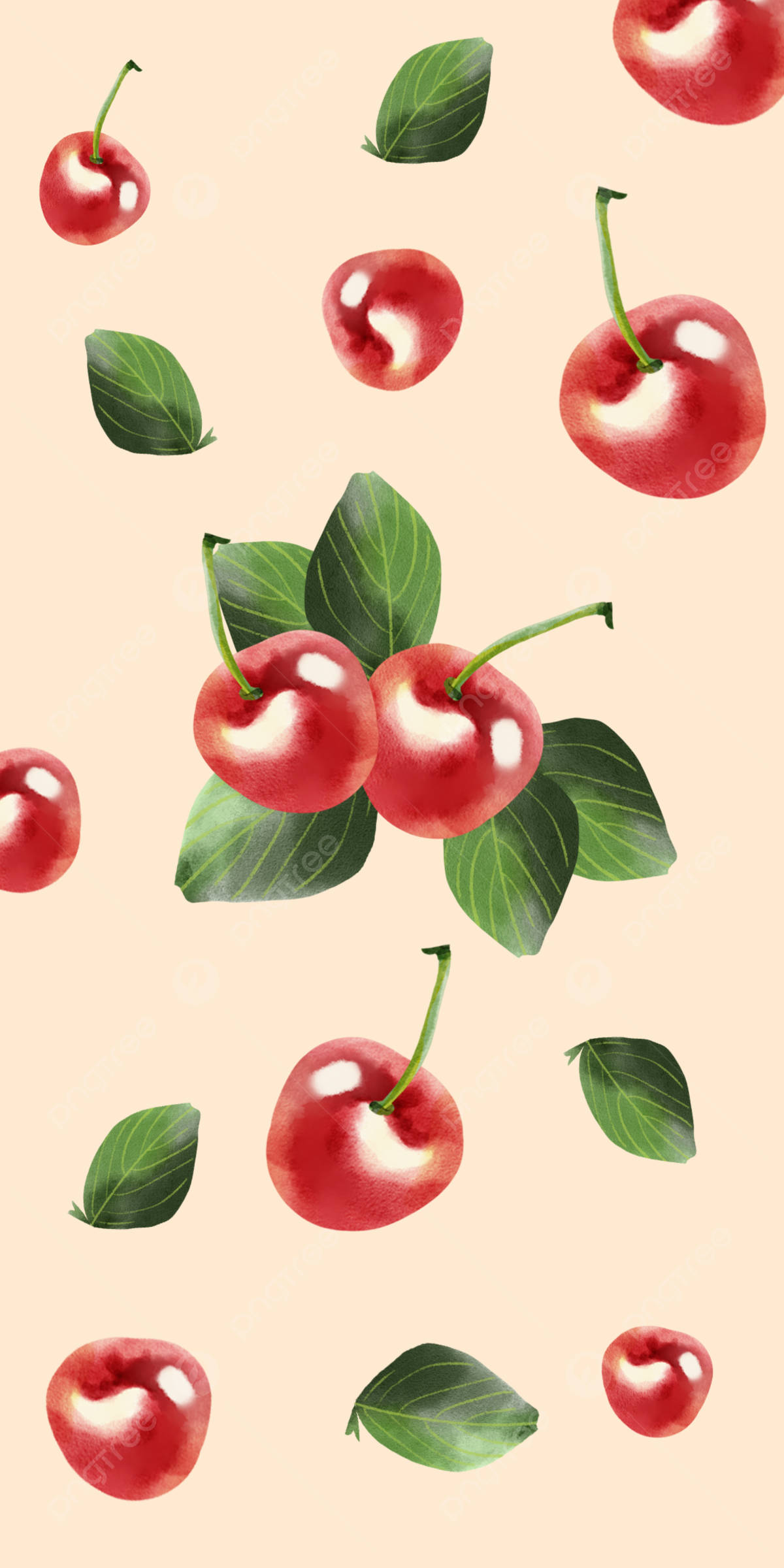 Cute Cherry Aesthetic, vibrant red cherries, green leaves, Full HD Phone Wallpaper