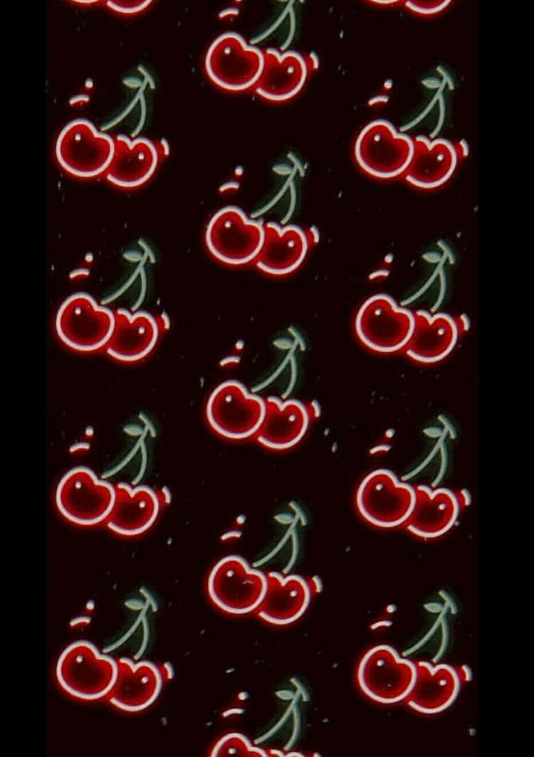neon red cherries, green stems, dark background, SD Phone Wallpaper