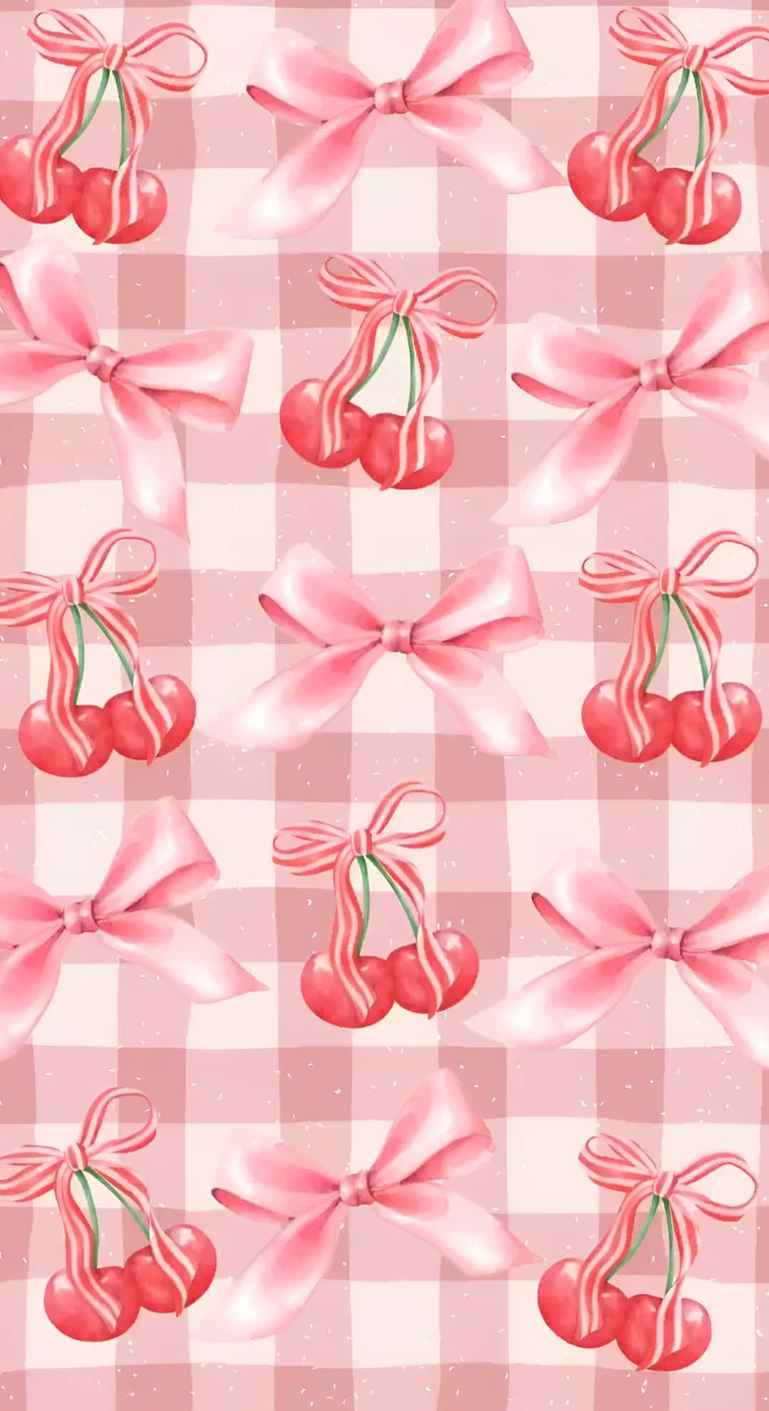 coquette cherry pattern, glossy pink bows, red cherries, Full HD Phone Wallpaper