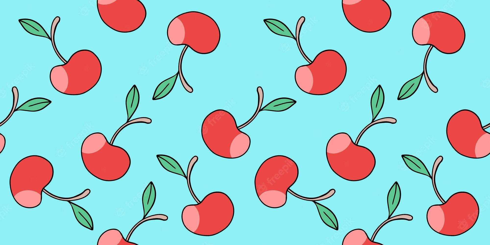 cute cherry aesthetic, bright red cherries, green leaves, Full HD Desktop Wallpaper