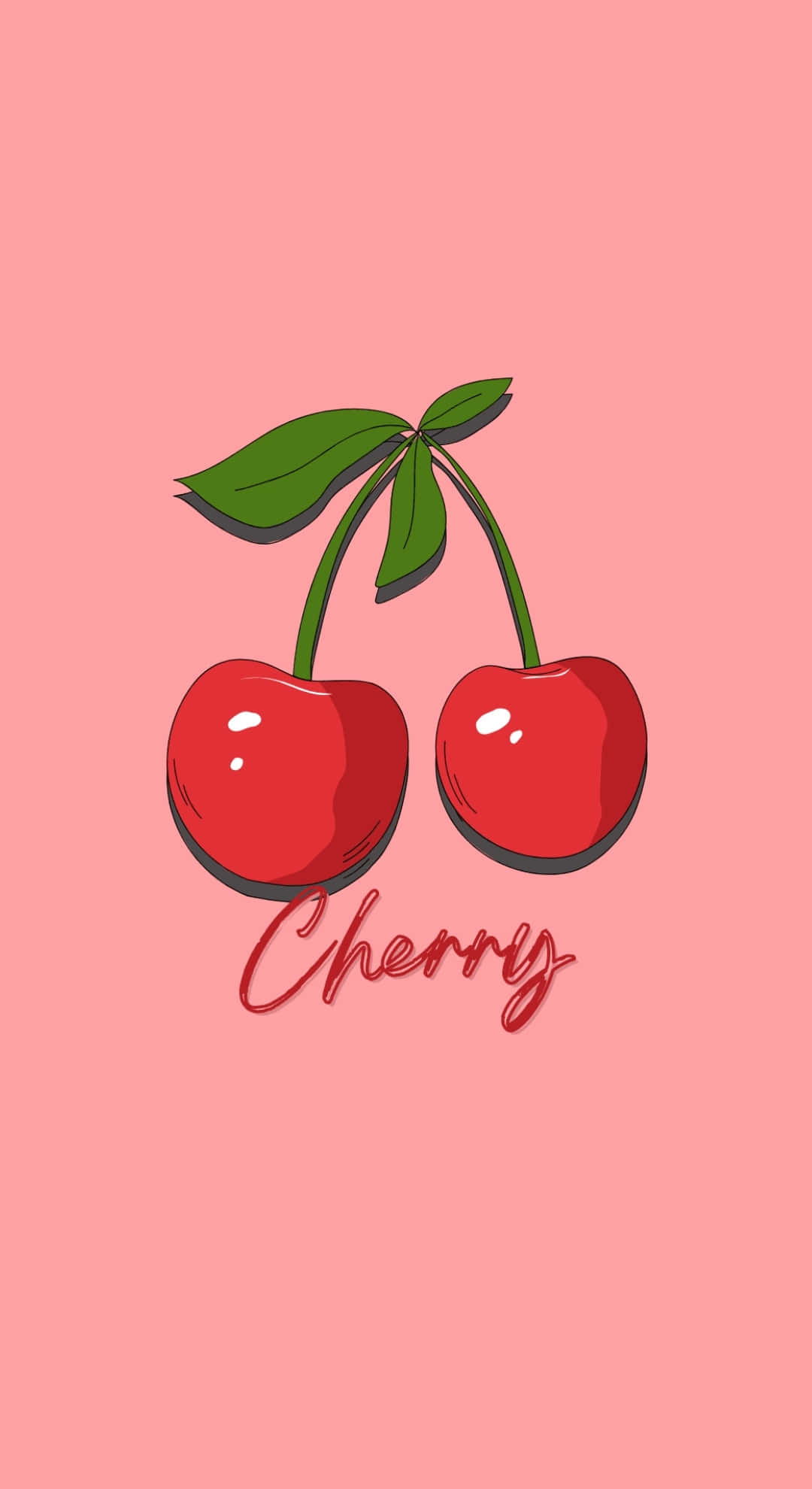 Coquette Cherry Illustration, glossy red cherries, green stems and leaves, Full HD Phone Wallpaper