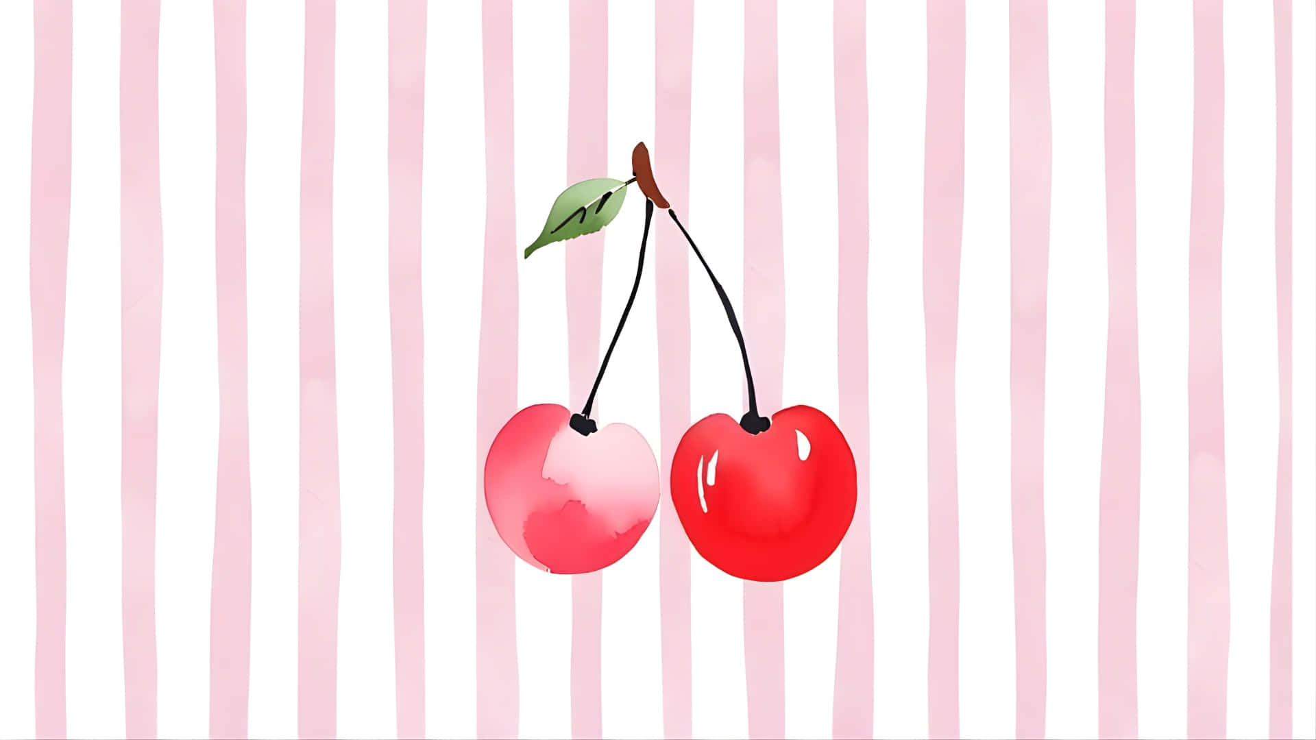 Coquette Cherry Illustration, glossy red cherries, green leaf, Full HD Desktop Wallpaper