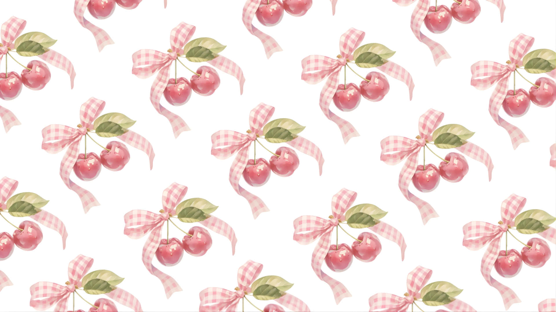 coquette cherry pattern, glossy red cherries, green leaves, Full HD Desktop Wallpaper