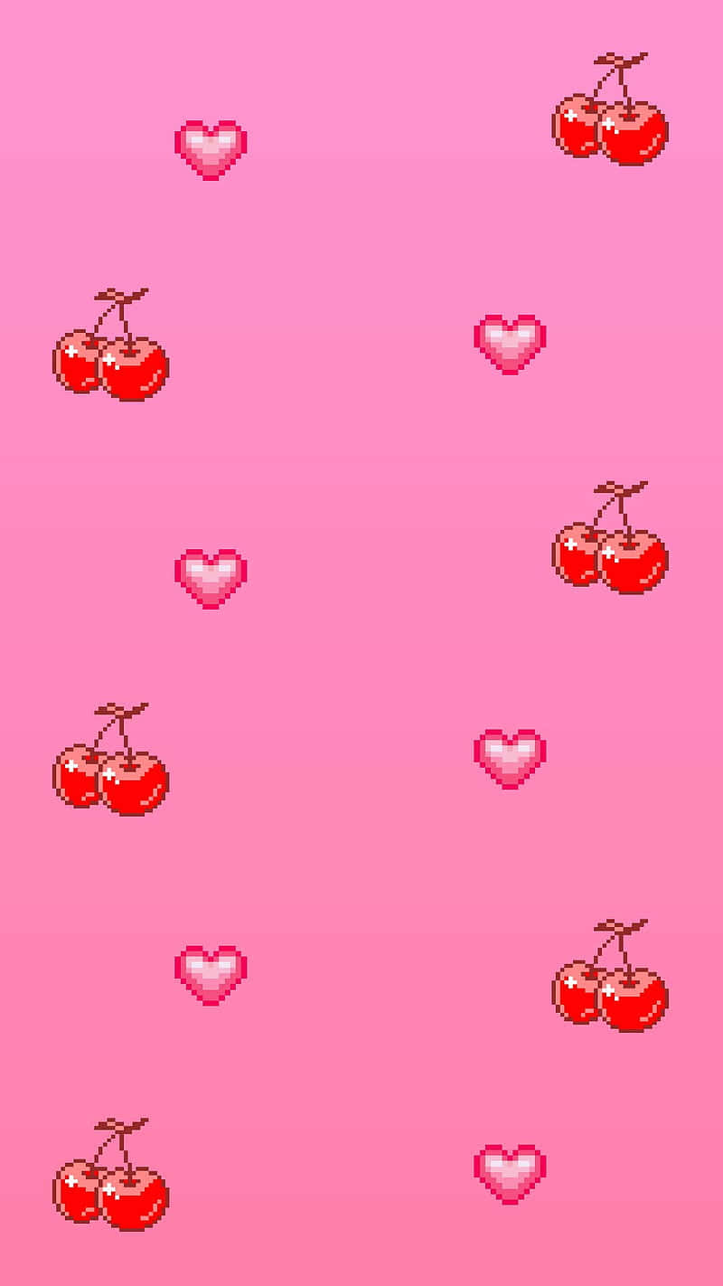 Cute Pixel Cherry Design, pixelated cherries, hearts, HD Phone Wallpaper