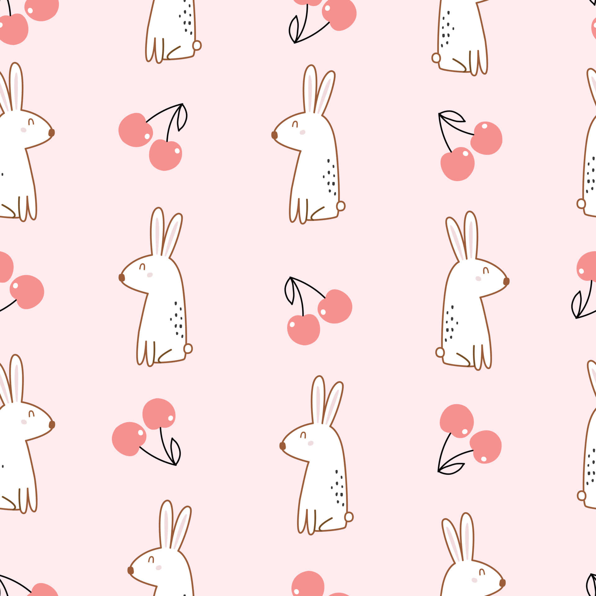 happy rabbit, pink cute cherries, white rabbits, Full HD Desktop Wallpaper