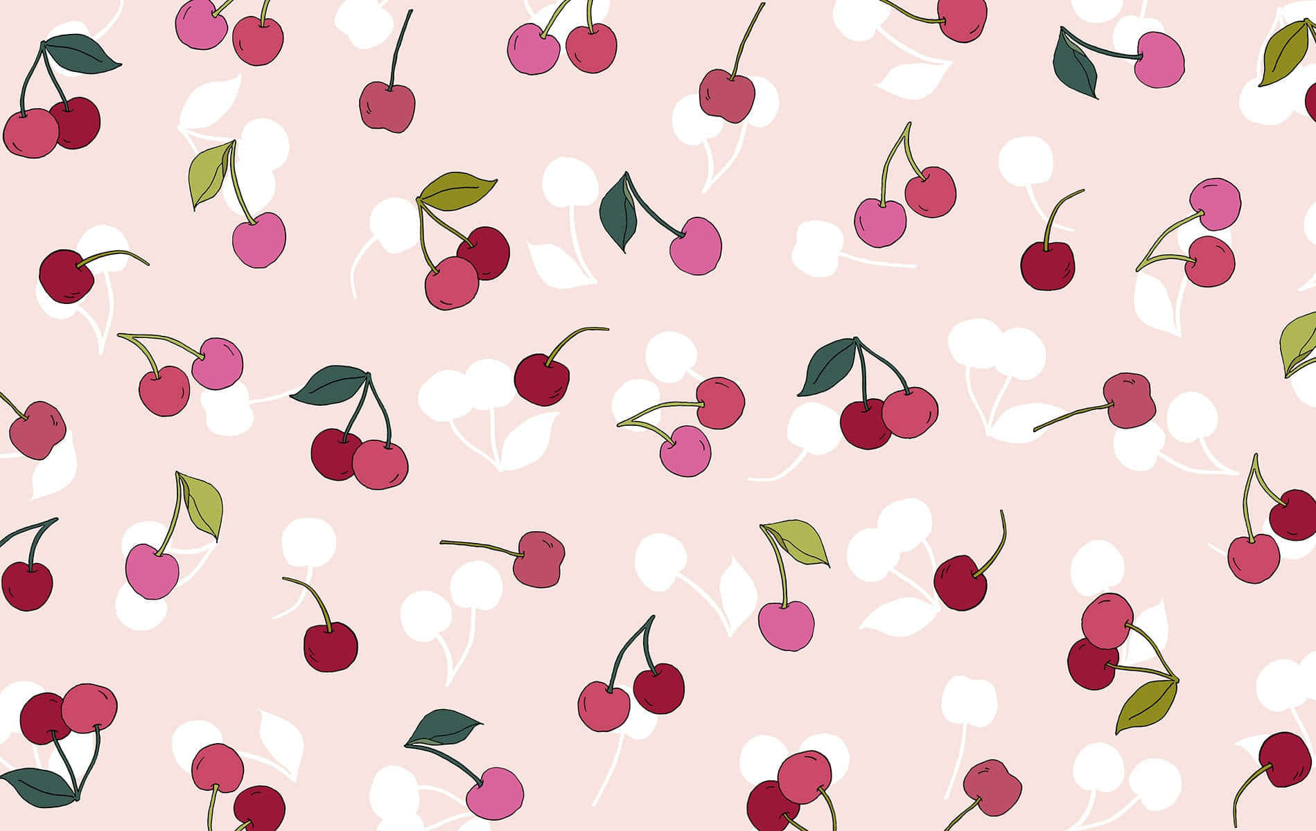 pink and purple cute cherry design, red and pink cherries, green leaves, HD Desktop Wallpaper