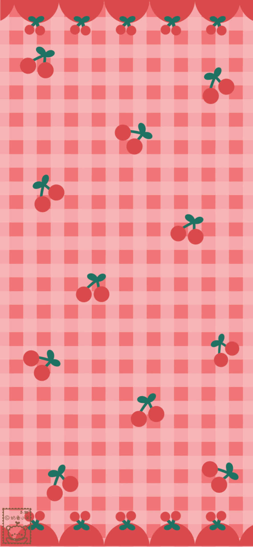 pink gingham, red cherries, scalloped borders, Full HD Phone Wallpaper