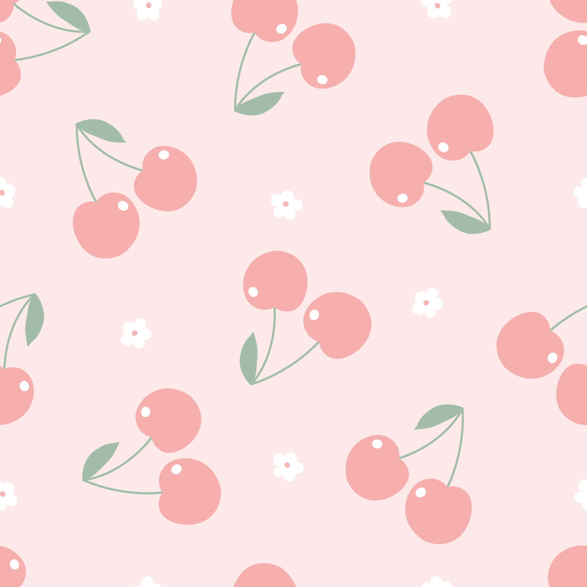 cute pink cherries, tiny white flowers, soft pastel pink background, Full HD Desktop Wallpaper