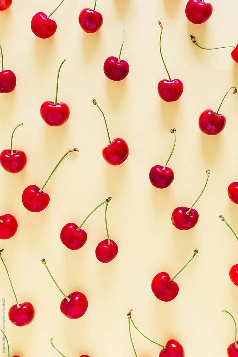 freshly picked cute cherries, vibrant red cherries, green stems, SD Phone Wallpaper
