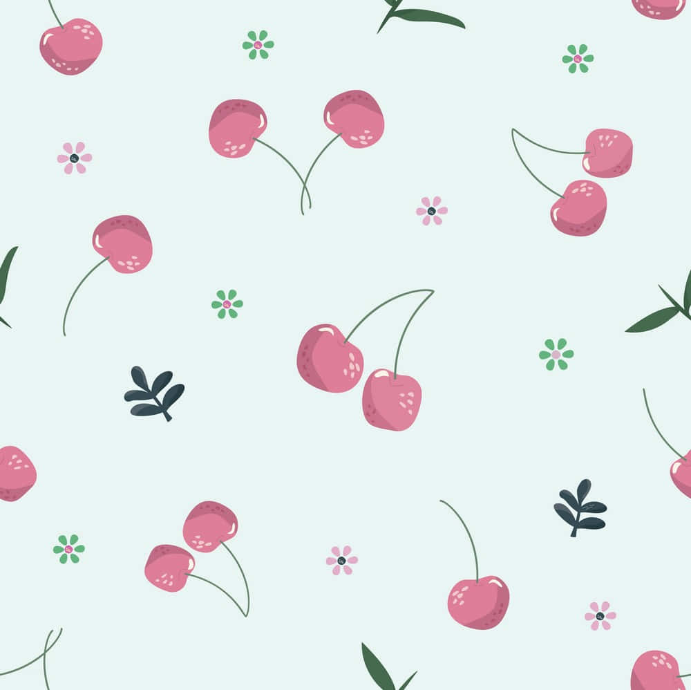pastel mint, pink cherries, green leaves, SD Desktop Wallpaper