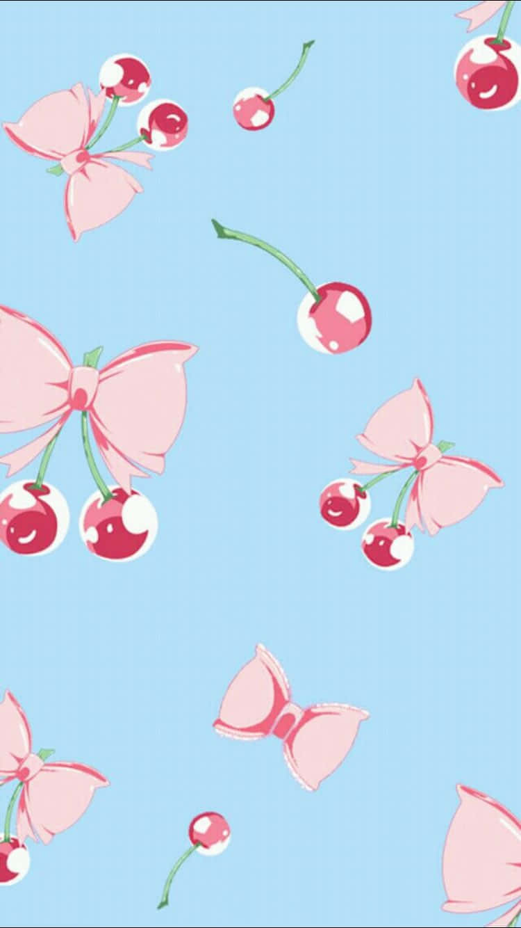 pink cherries, pink bows, soft blue background, HD Phone Wallpaper