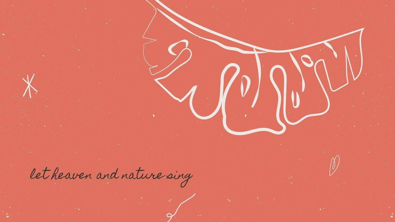 white line drawing, stylized leafy branch, textured coral background, HD Desktop Wallpaper