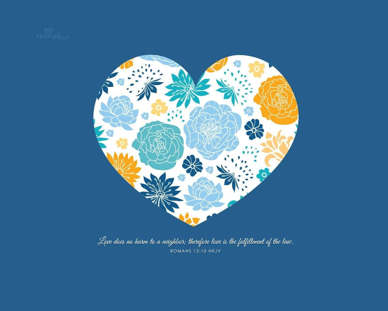 Romans 13:10, white heart, blue and orange floral patterns, HD Desktop Wallpaper