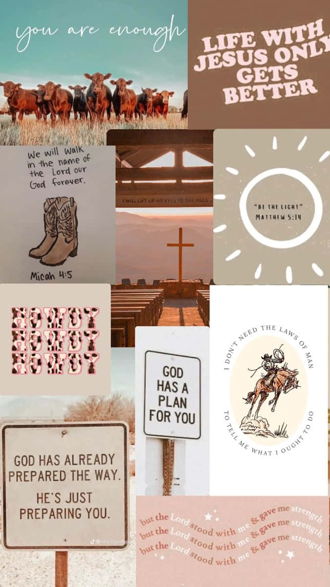 Christian girl aesthetic collage, cowboy-themed scripture art, cows, SD Phone Wallpaper