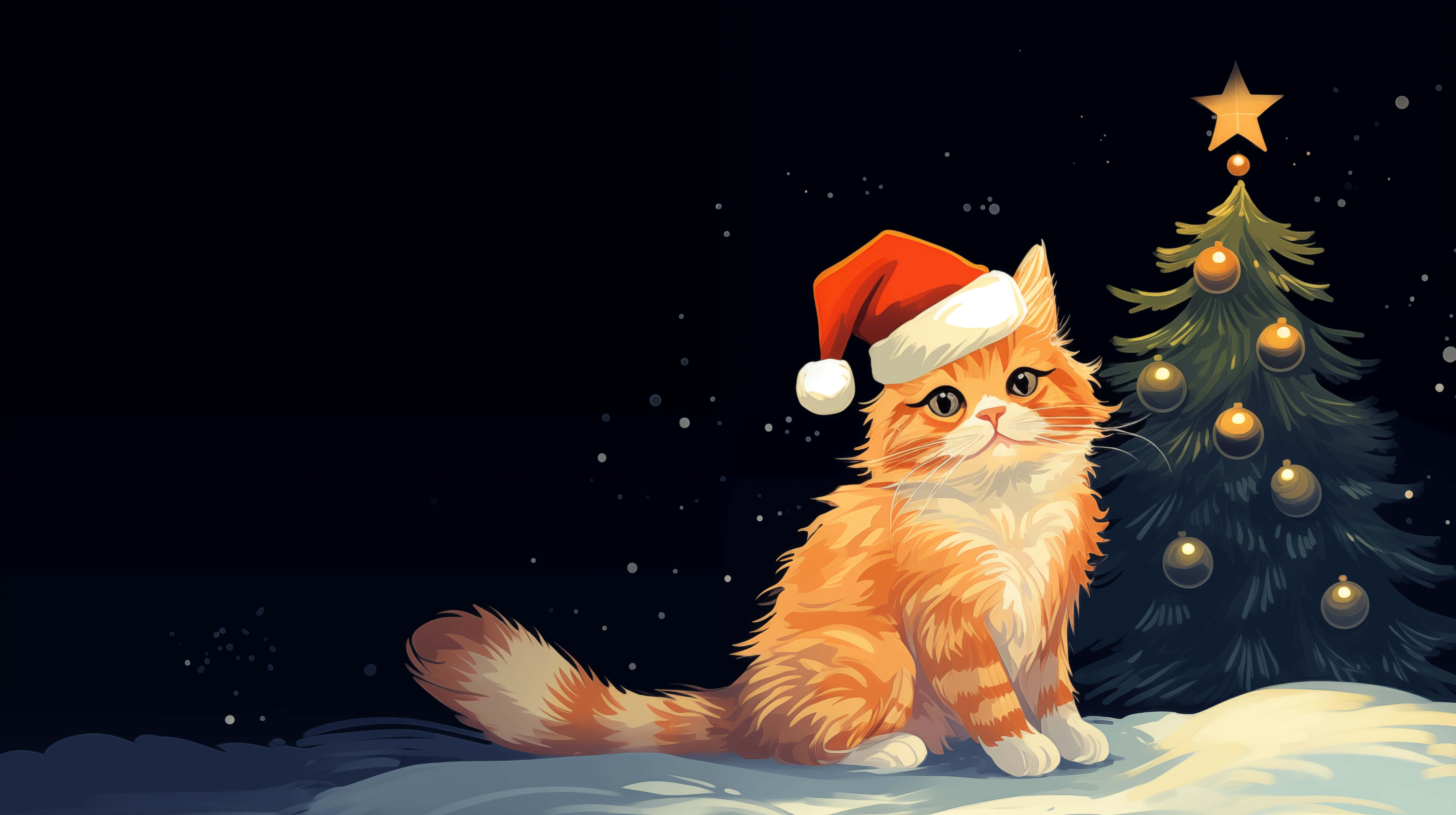 fluffy orange kitten, red Santa hat, decorated Christmas tree, 5K Desktop Wallpaper