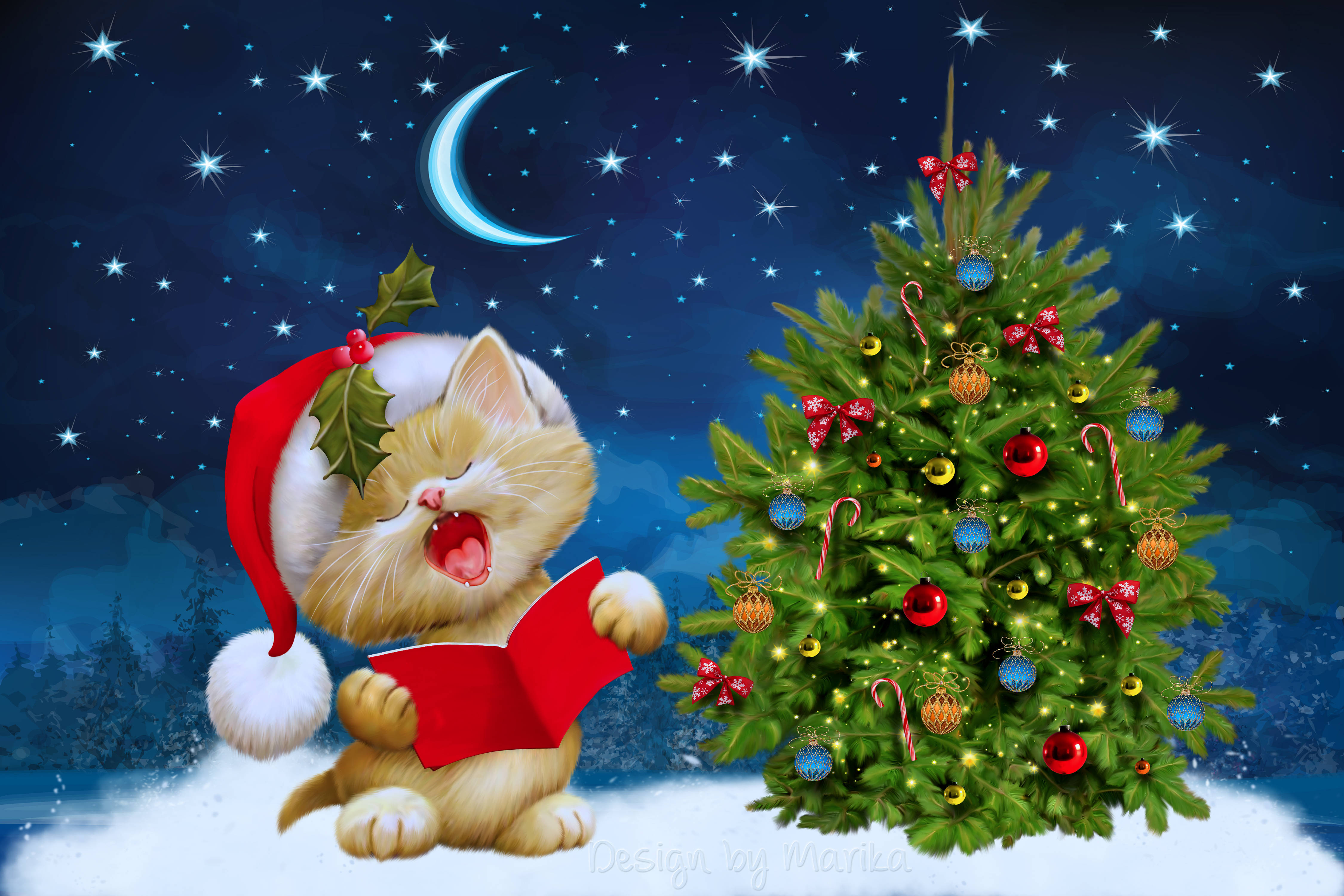 ginger kitten, Santa hat, Christmas tree, 4K Desktop Wallpaper