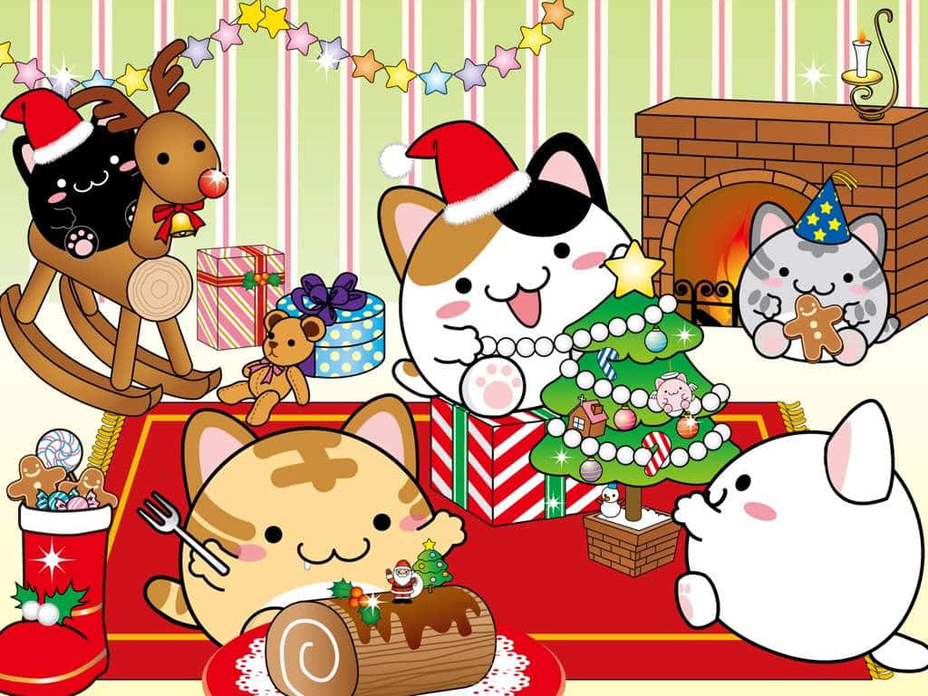 Christmas scene, cartoon cats, decorated tree, SD Desktop Wallpaper