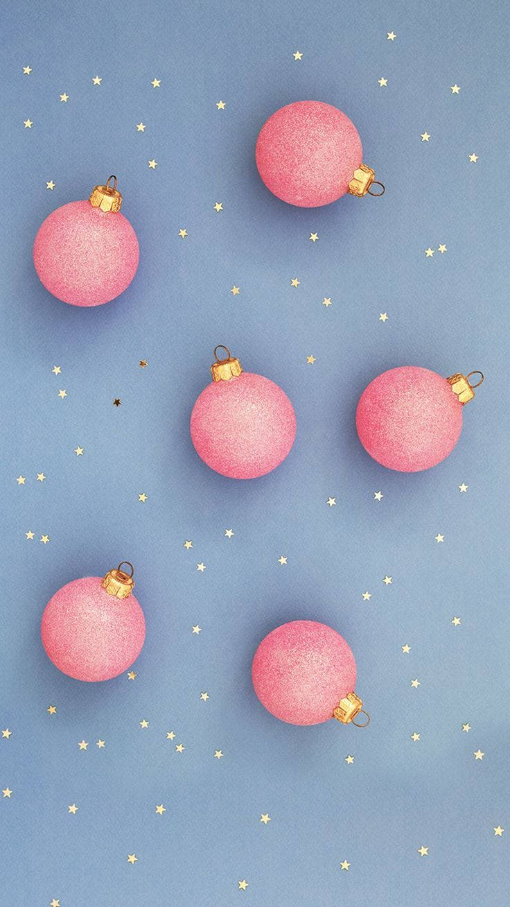 pink glittery Christmas ornaments, soft blue backdrop, golden stars, HD Phone Wallpaper