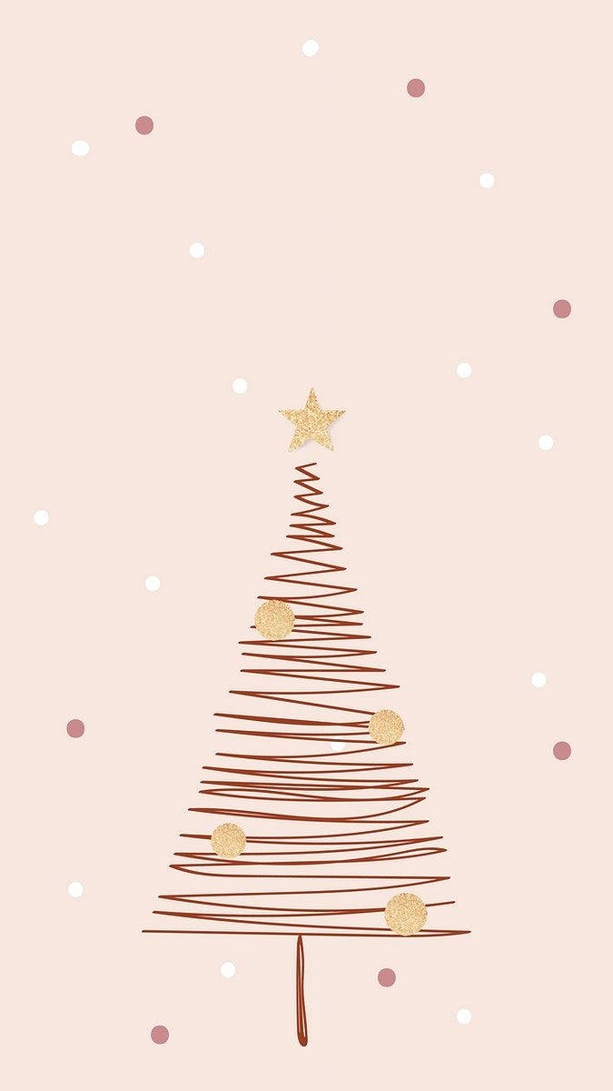Cute Christmas iPhone, brown line-drawn Christmas tree, gold ornaments, SD Phone Wallpaper