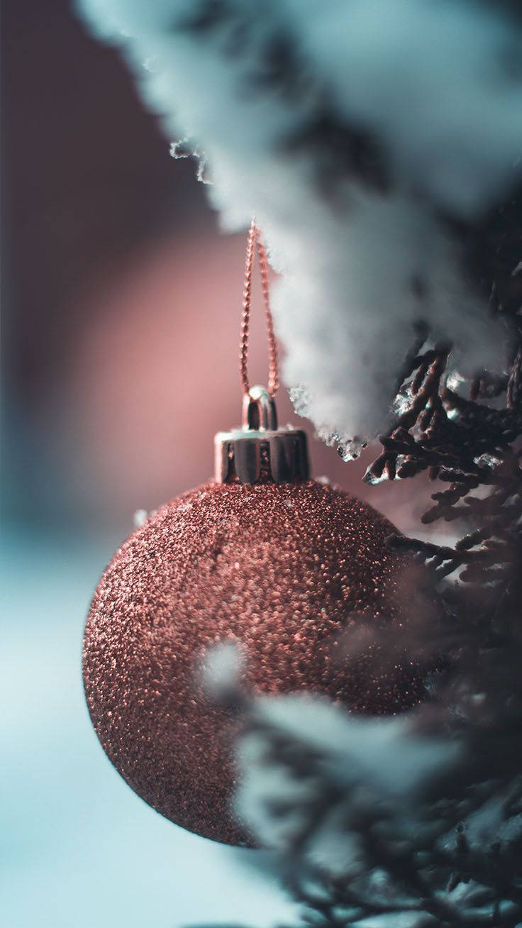 rose gold, Christmas ornament, snow-dusted pine branch, HD Phone Wallpaper