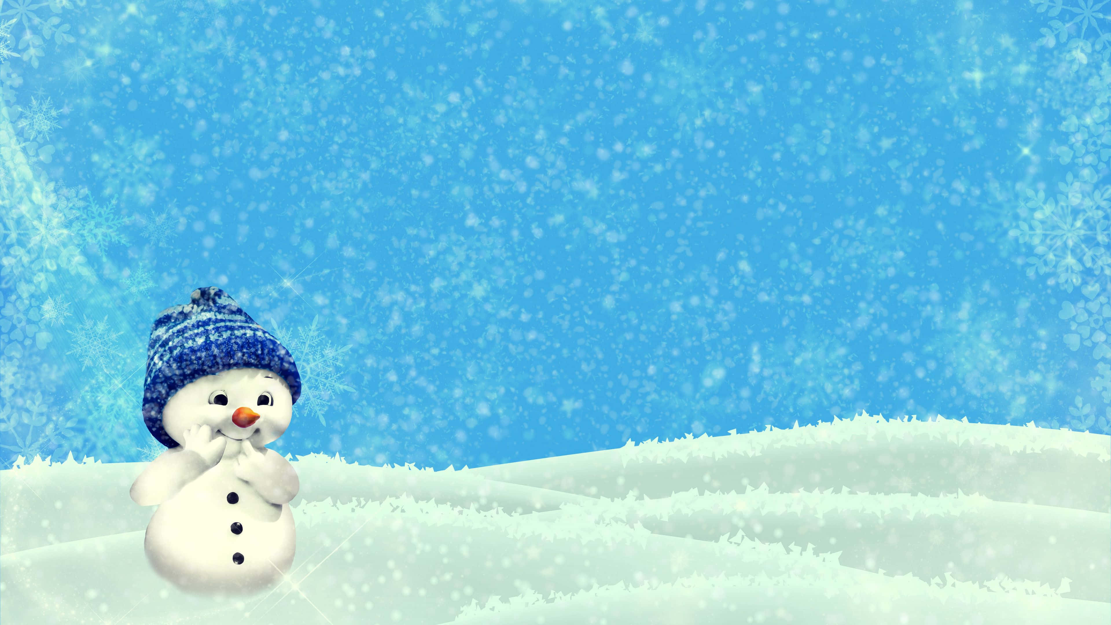 snowman, blue knit hat, snowy field, 4K Desktop Wallpaper