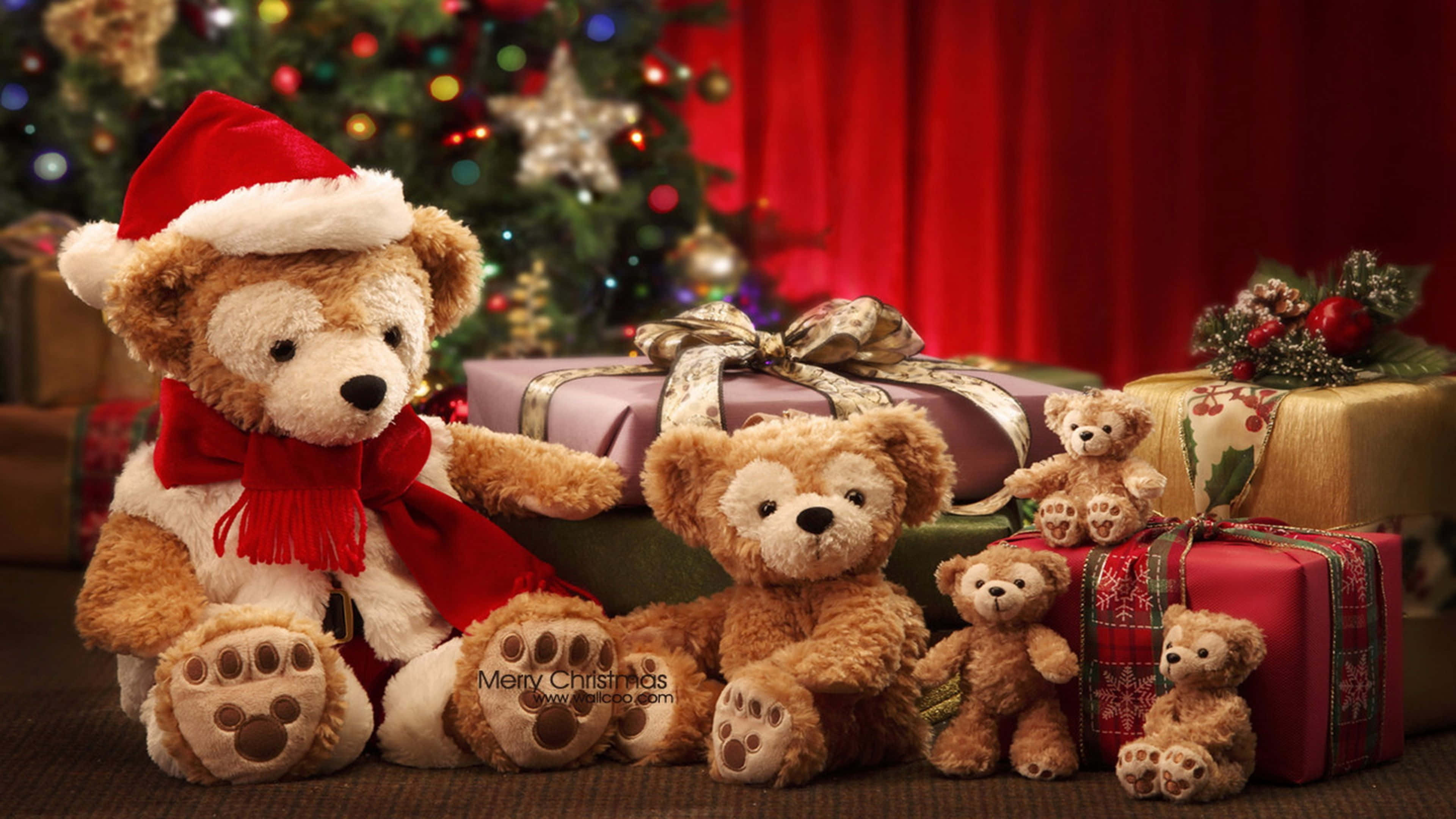 teddy bears, Christmas presents, glowing Christmas tree, 4K Desktop Wallpaper