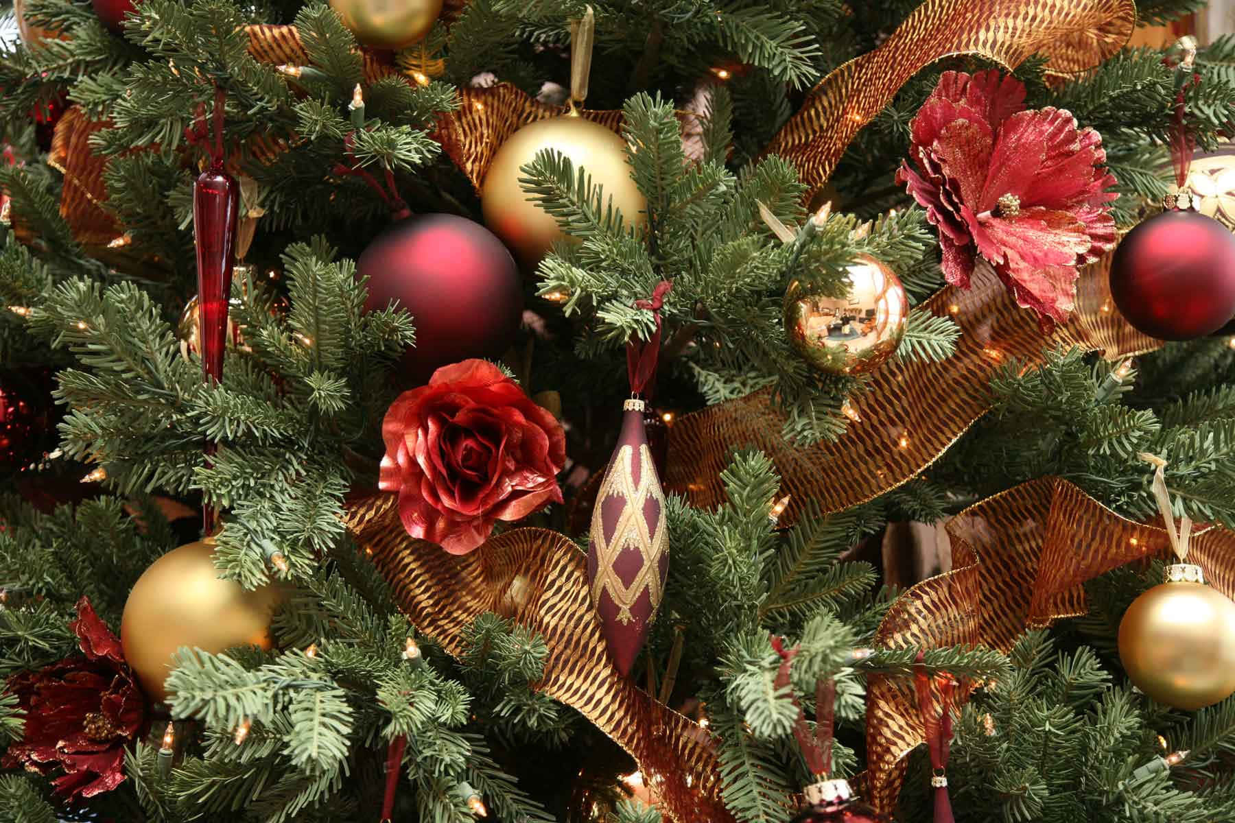 Christmas tree, gold ornaments, deep red ornaments, HD Desktop Wallpaper