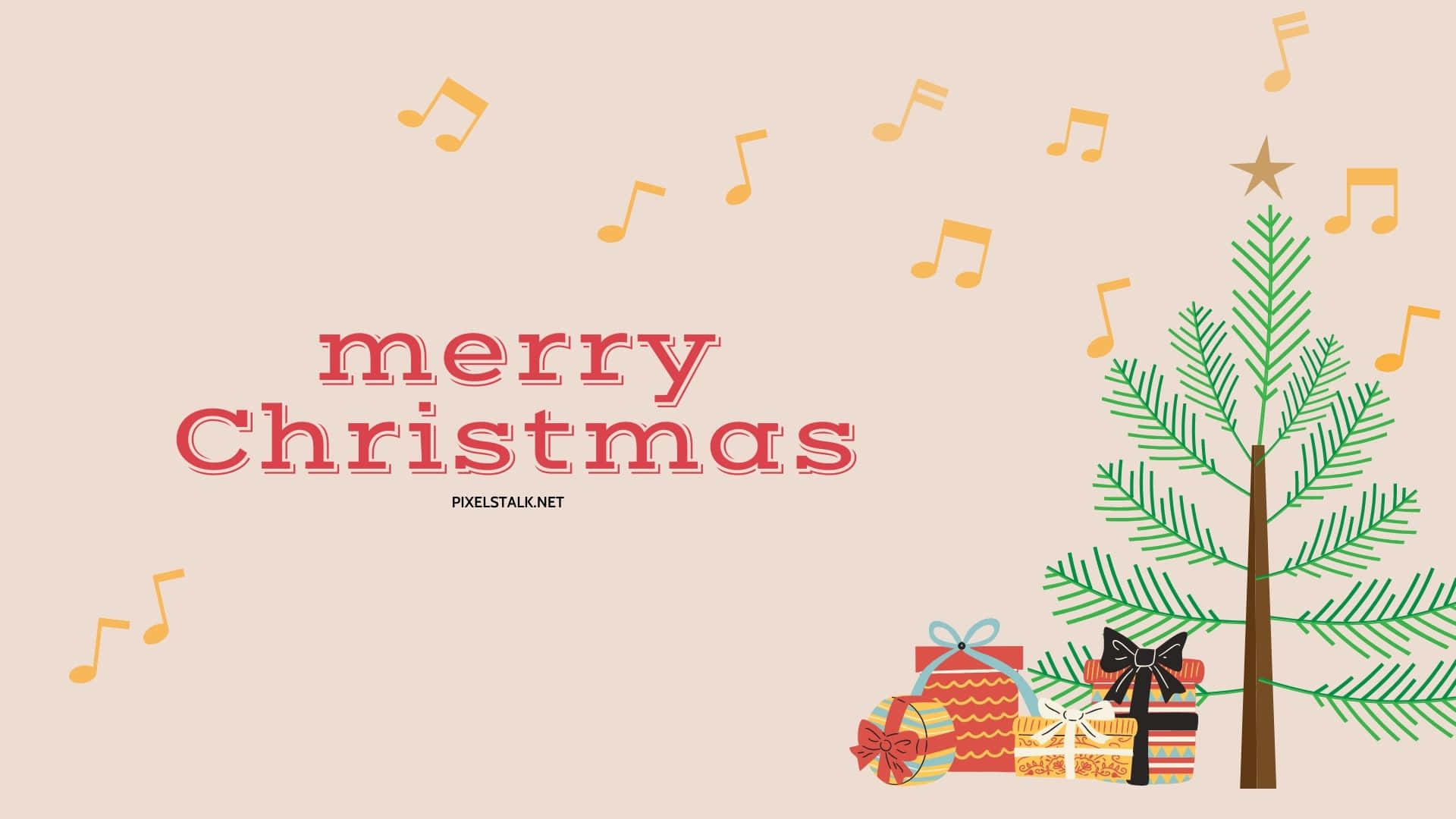 green Christmas tree, wrapped gifts, floating yellow musical notes, Full HD Desktop Wallpaper