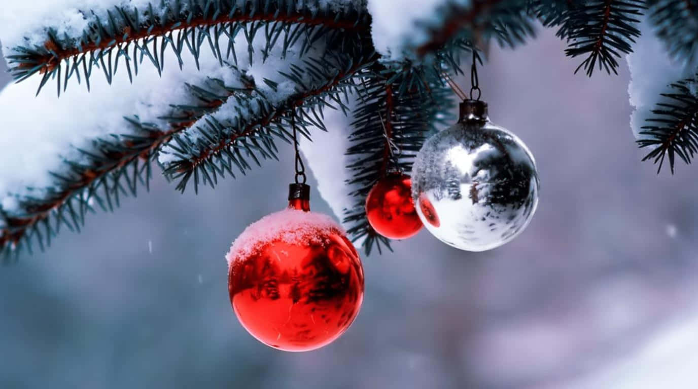Christmas tree, pine branches, red and silver Christmas ornaments, HD Desktop Wallpaper