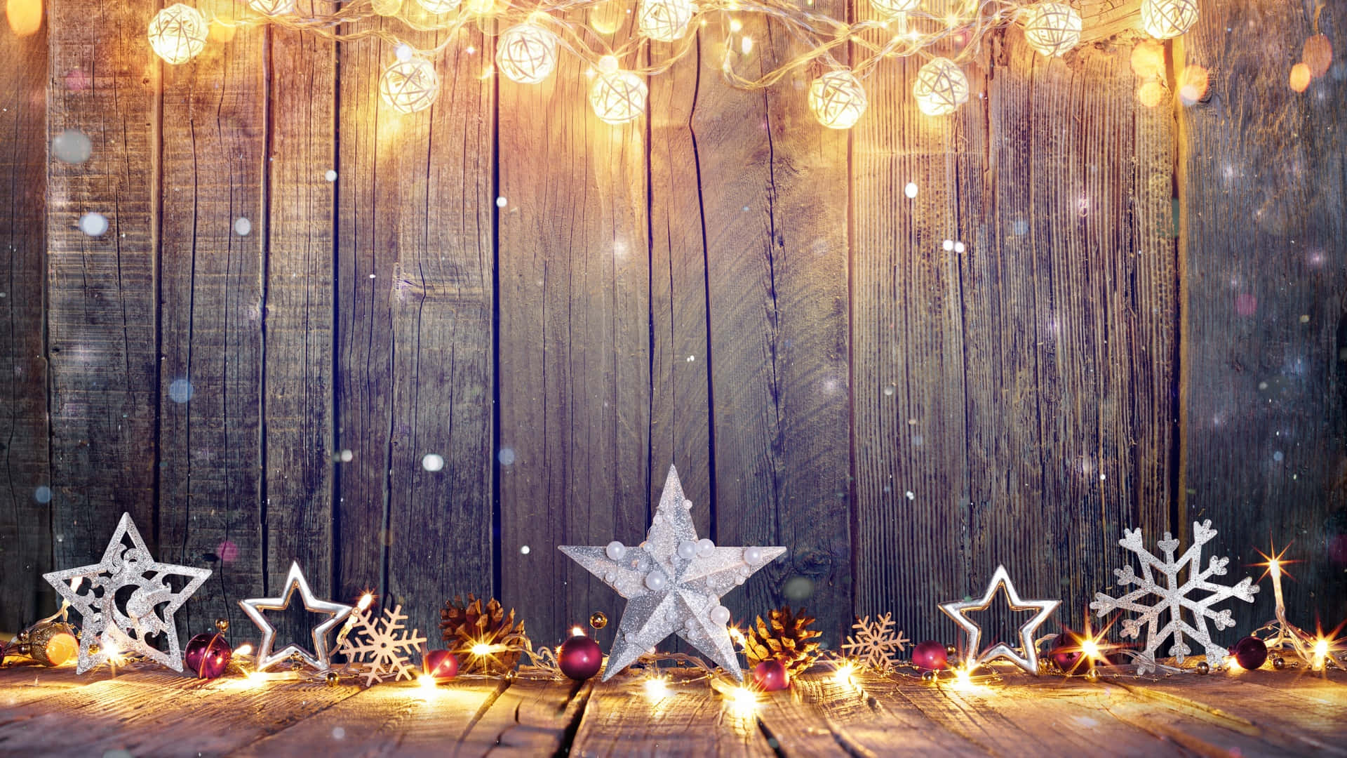 cute Christmas laptop, fairy lights, rustic wooden surface, Full HD Desktop Wallpaper