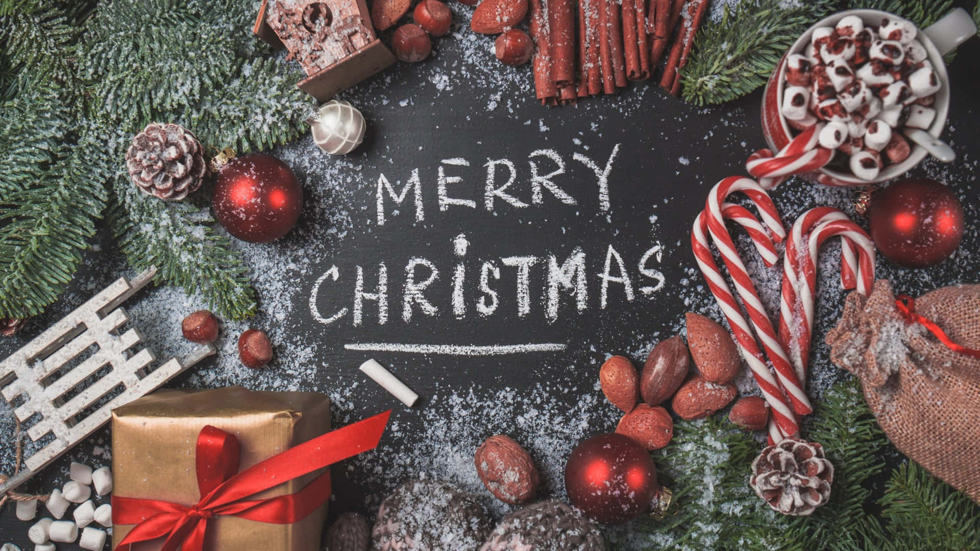 Aesthetic Christmas Laptop, chalkboard text, pine, Full HD Desktop Wallpaper