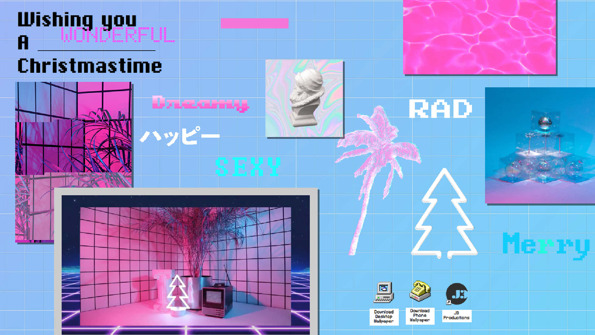 90s aesthetic laptop, neon pink, blue grid background, Full HD Desktop Wallpaper
